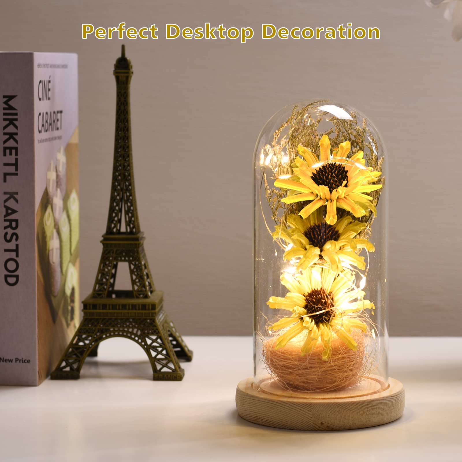 Sunflower Gifts for Women - LED Artificial Sunflowers in Glass Dome, Birthday & Holiday Gift for Mom, Grandma - Mother's Day, Christmas, Valentine's Day Home Decor (Yellow) - Perfect for Living Room, Bedroom, Office Desk & Wedding Centerpieces