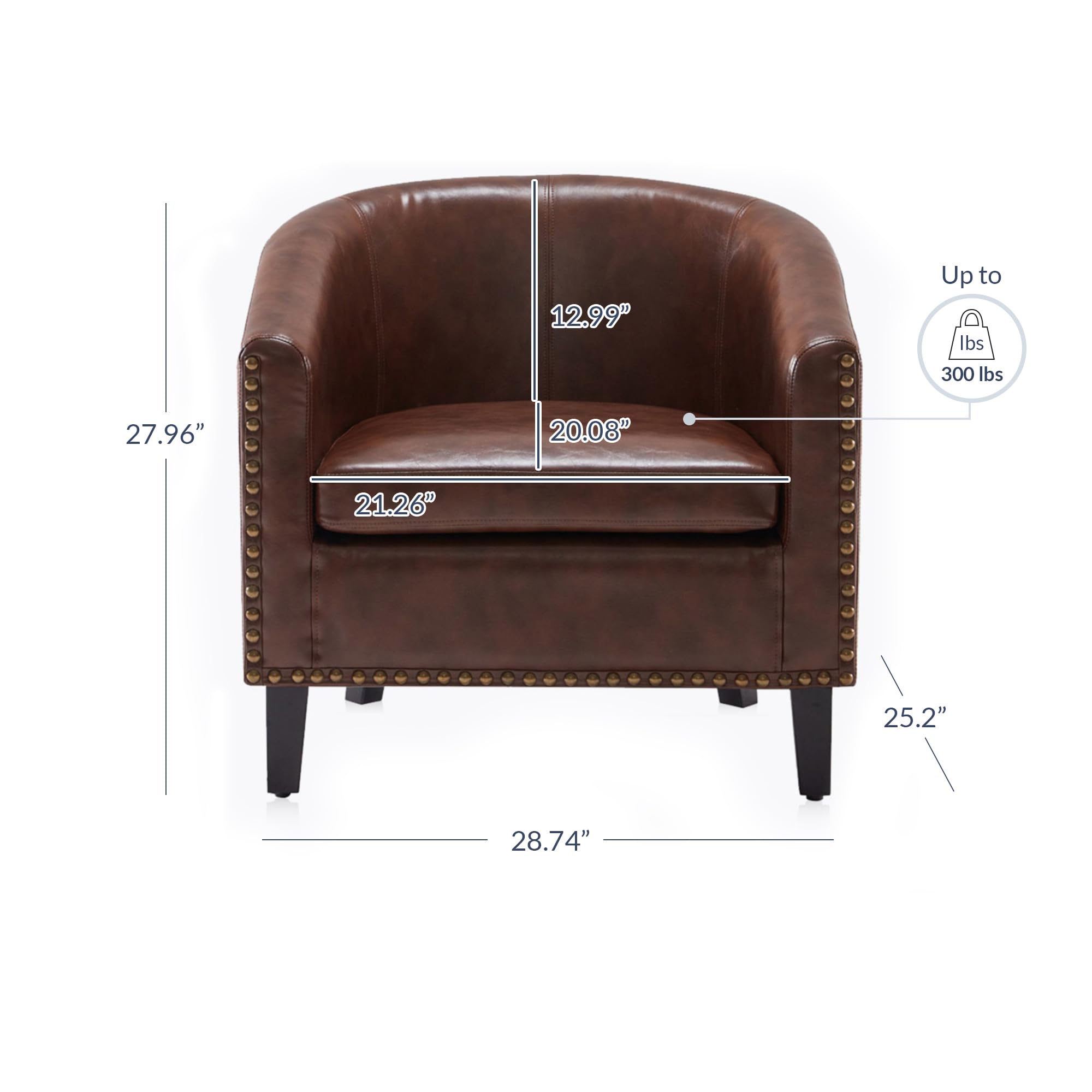 BELLEZE Modern Faux Leather Accent Barrel Chair with Gold Nail Head Trim - Upholstered Tub Club Armchair for Living Room, Bedroom & Office - Brown (Kyara) - Comfortable Seating for Relaxing & Home Decor