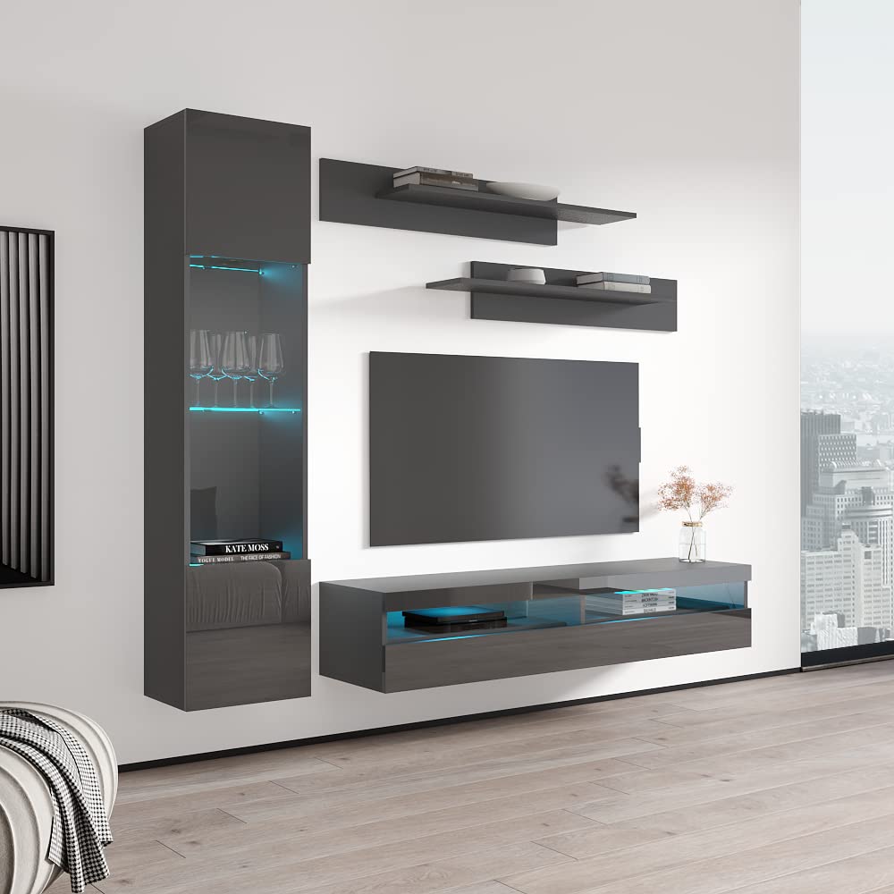 Modern Gray Wall-Mounted TV Stand with Storage Shelves & LED Lights - Meble Fly G35 Entertainment Center for Living Room & Bedroom - Space-Saving Media Console for Small Apartments & Home Theaters
