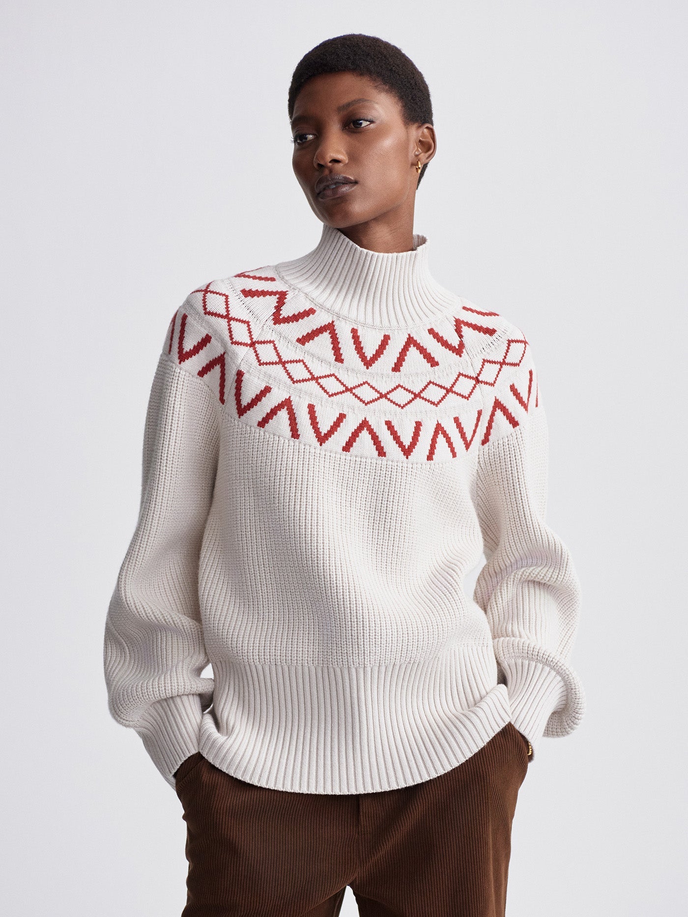 Varley Marcie Fairisle Yoke Knit Sweater for Women - Silver Birch Color | Cozy Winter Pullover for Casual Outings & Holiday Gatherings