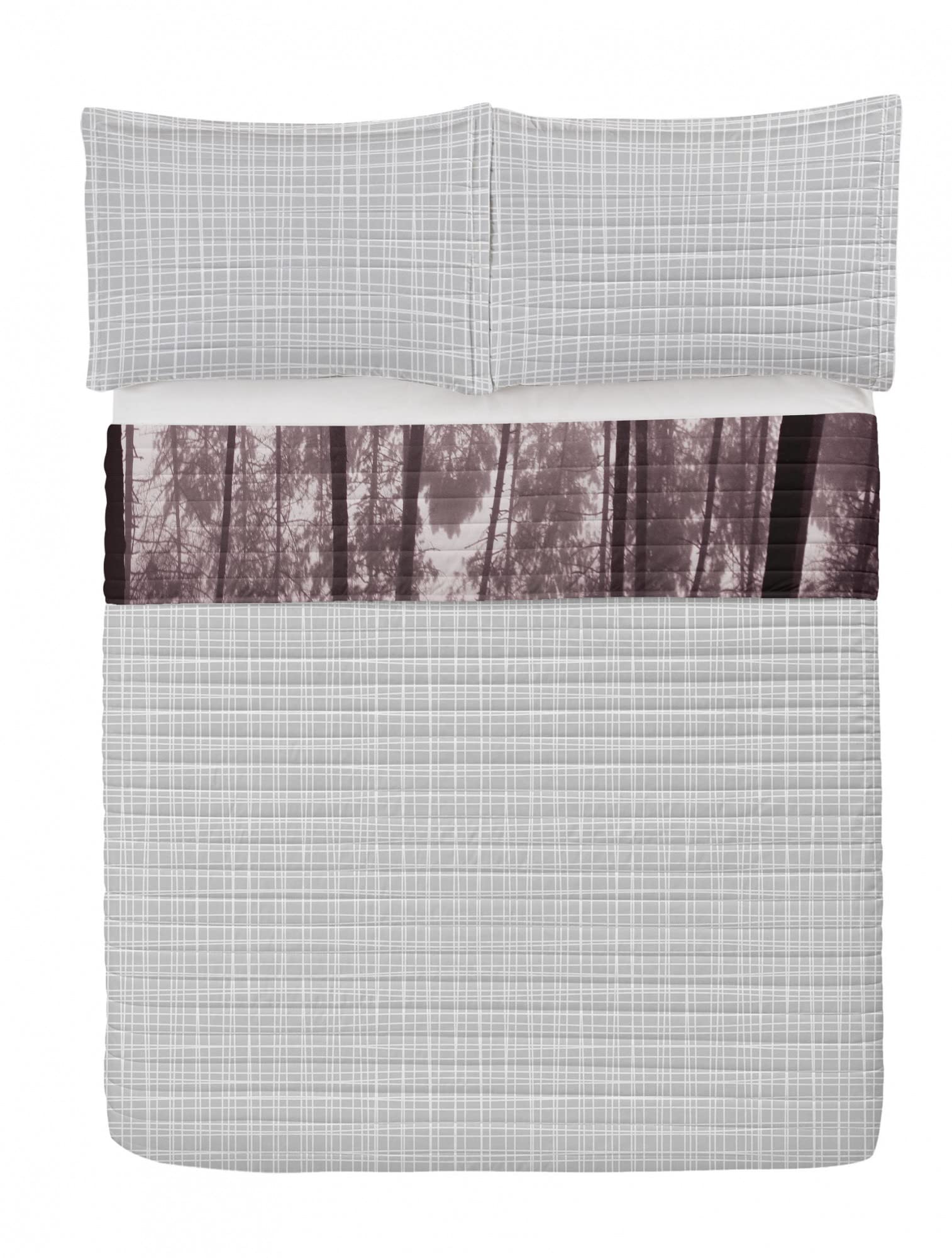 Ambesonne Reversible King Size Bedspread Set - Fantasy Woodland Forest with Fog, Trees & Bushes in Purple Grey Fuchsia | Microfiber Comforter & Pillow Shams | Perfect for Cozy Bedrooms, Guest Rooms & Cabin Retreats