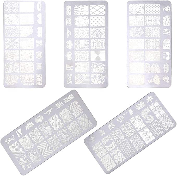 ALVRIO Nail Art Stamping Kit - 5 Nail Stamping Plates with Floral, Animal & Lace Designs + Stamper & Scraper - Professional Manicure Tools for DIY Nail Art at Home or Salon