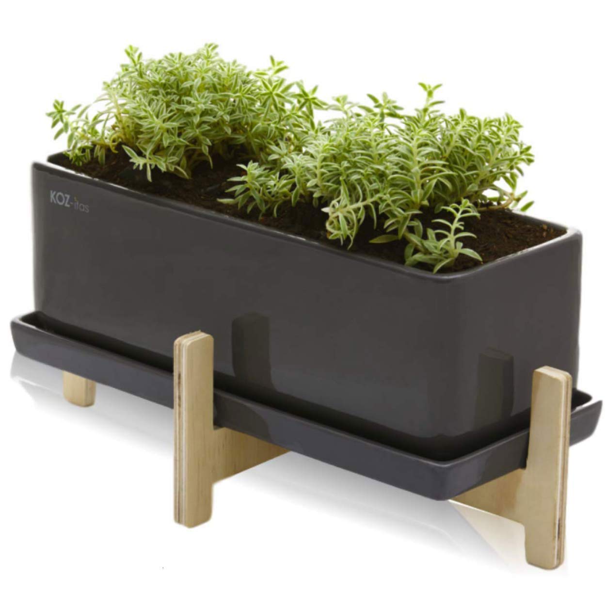 KOZitas Grey 12 Inch Rectangle Modern Minimalist Ceramic Succulent Planter with Mid Century Stand - Indoor Flower Pot for Herbs, Cactus, Terrarium & Kitchen Decor | Perfect for Home Office, Windowsill Decor & Housewarming Gifts