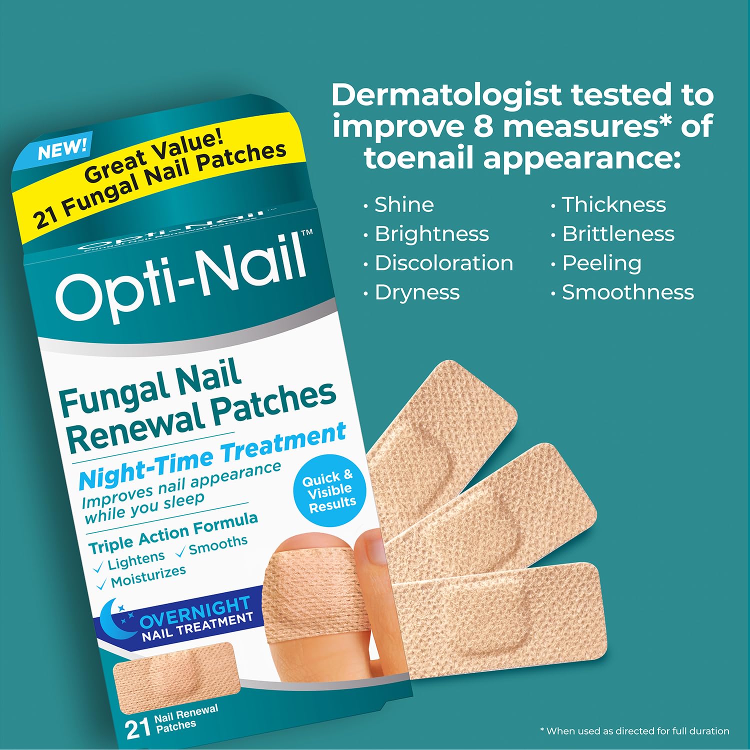 Opti-Nail Fungal Nail Renewal Treatment Patches - Overnight Nail Repair for Toenails & Fingernails - Improves Nail Health & Appearance While You Sleep - 21 Medicated Patches - Perfect for Athletes, Swimmers & Active Lifestyles