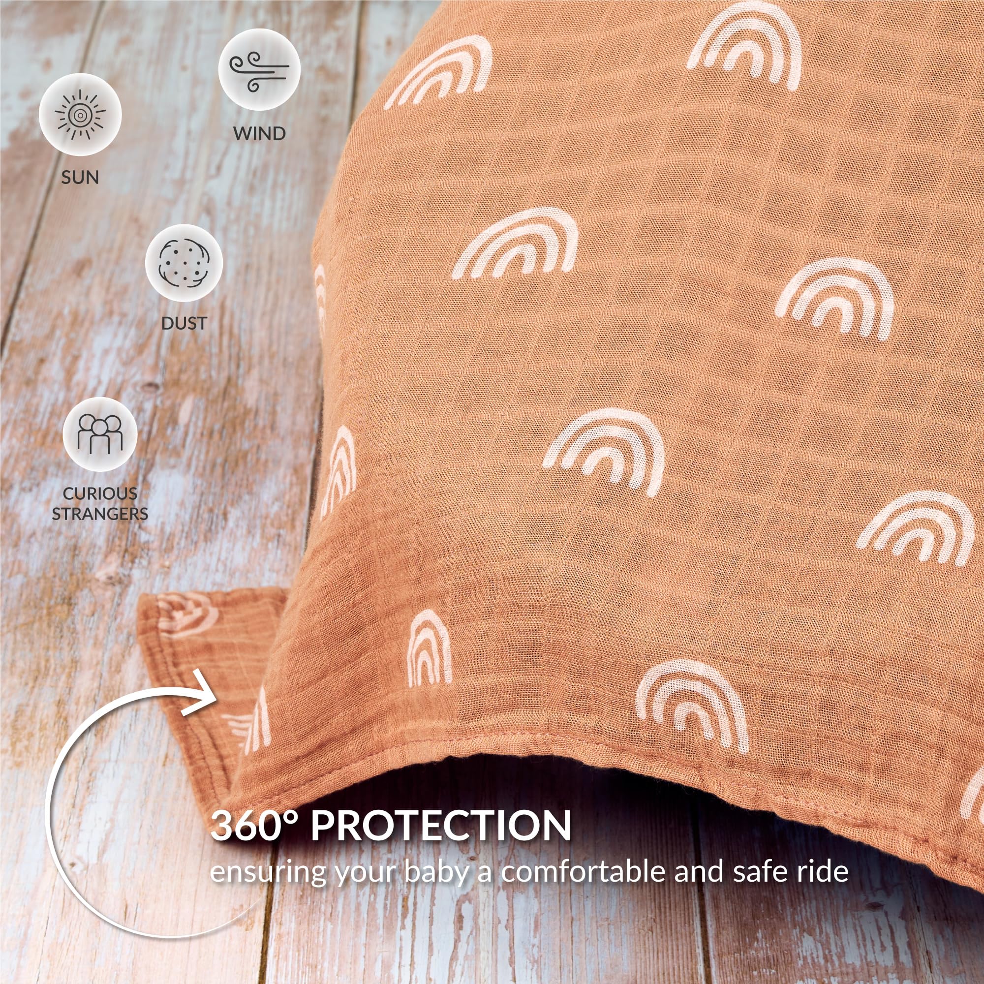 Meracorallo Muslin Baby Car Seat Cover - 2 Pack Lightweight Breathable Soft Infant Carrier Canopy for Boys & Girls (Rainbow & Beige) | Perfect for Strollers, Shopping Carts & Outdoor Protection