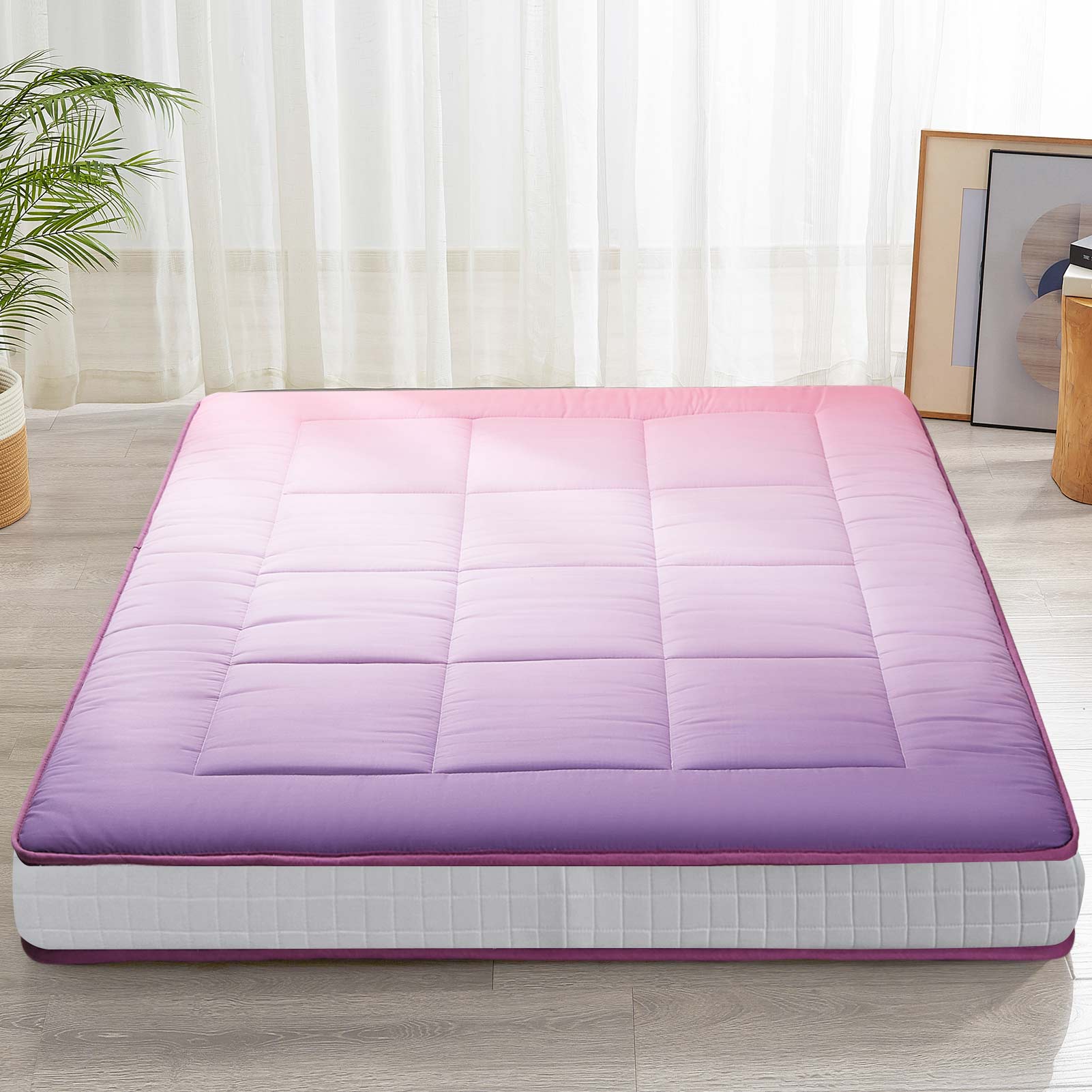 MAXYOYO 6-Inch Extra Thick Floor Futon Mattress - Square Quilted Design in Gradient Purple | Perfect for Guest Beds, Dorm Rooms & Small Space Living