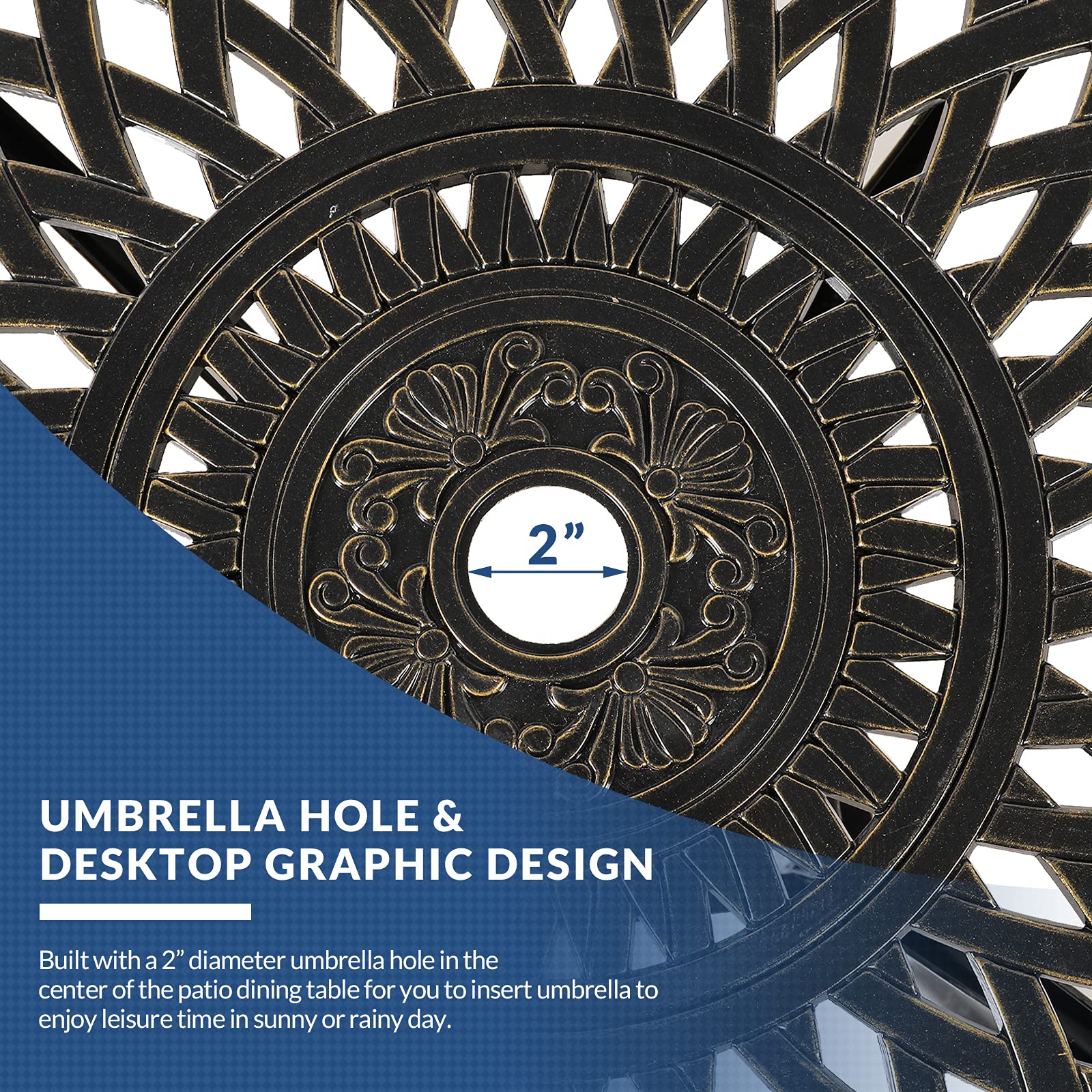 31 Inch Round Outdoor Dining Table - Bronze Cast Aluminum Patio Bistro Table with Umbrella Hole - Rustic Large Table for Backyard, Garden & Poolside Gatherings