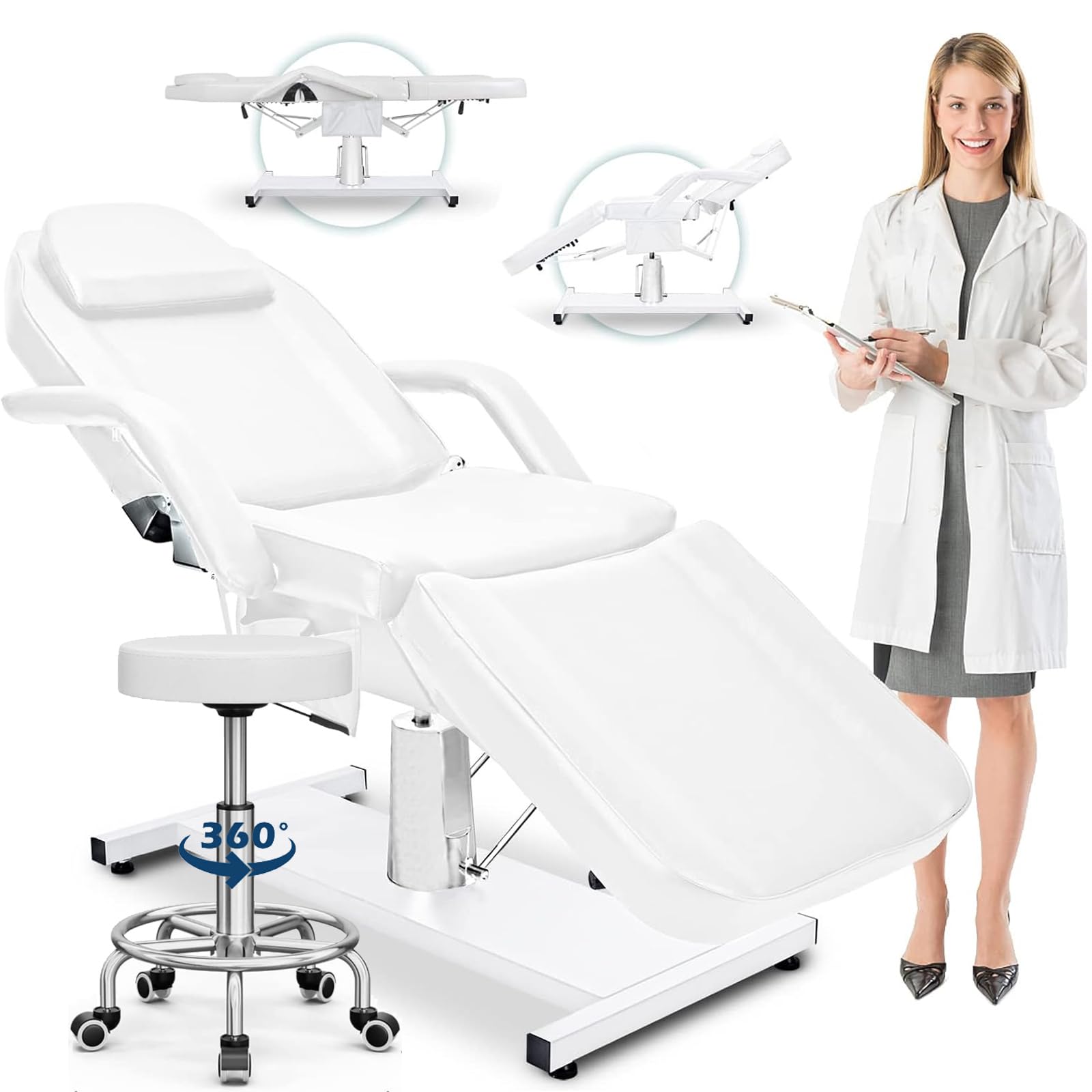 Professional Hydraulic Tattoo Chair with Stool - 360° Swivel Facial Bed for Estheticians, Lash Extensions & Microblading | Spa, Beauty Salon & Waxing Treatment Table (White) | Perfect for Tattoo Studios, Beauty Clinics & Aesthetic Centers
