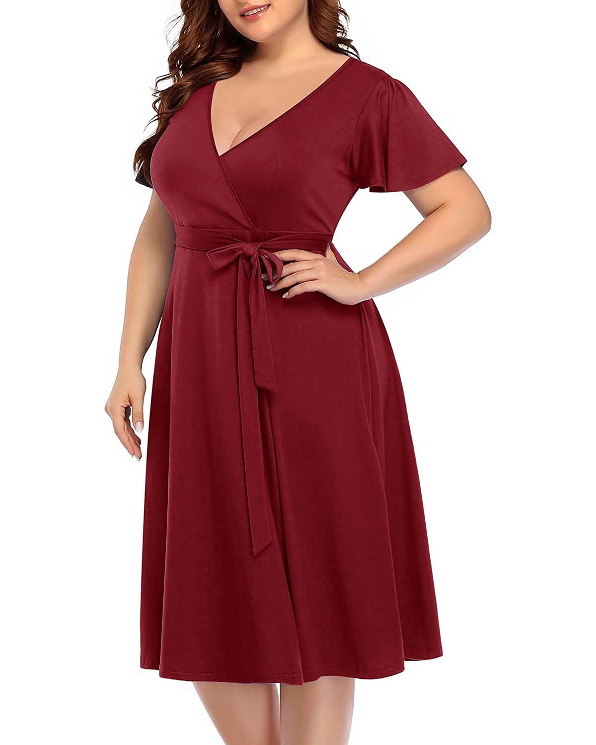 Plus Size Women's Pinup Fashion Wrap Dress - Semi Formal Cocktail Midi Dress with Empire Waist for Wedding Guest & Special Occasions