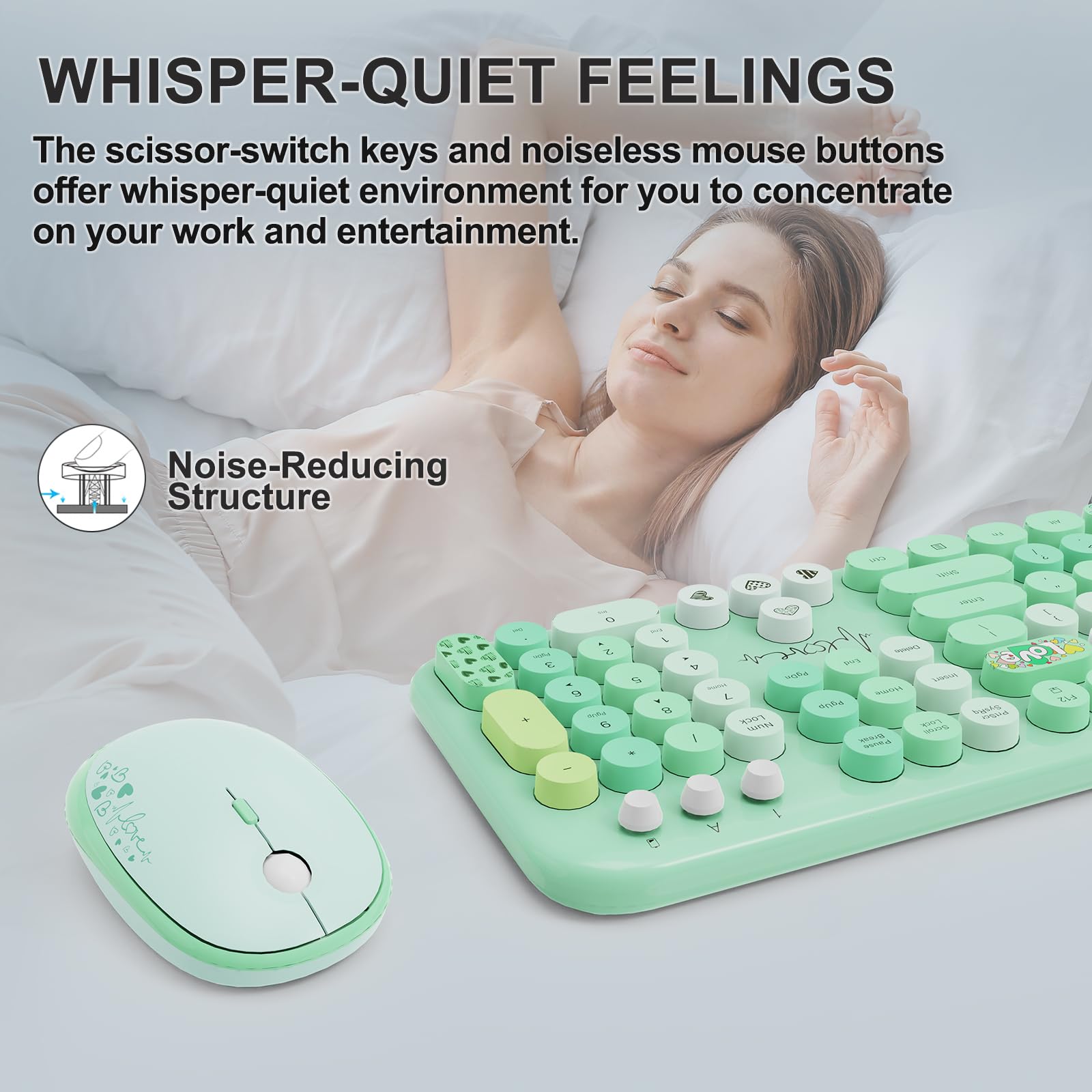 FOPETT Wireless Keyboard Mouse Combo - 2.4G Retro 104-Key for PC/Laptop - Green for Home/Office Use
