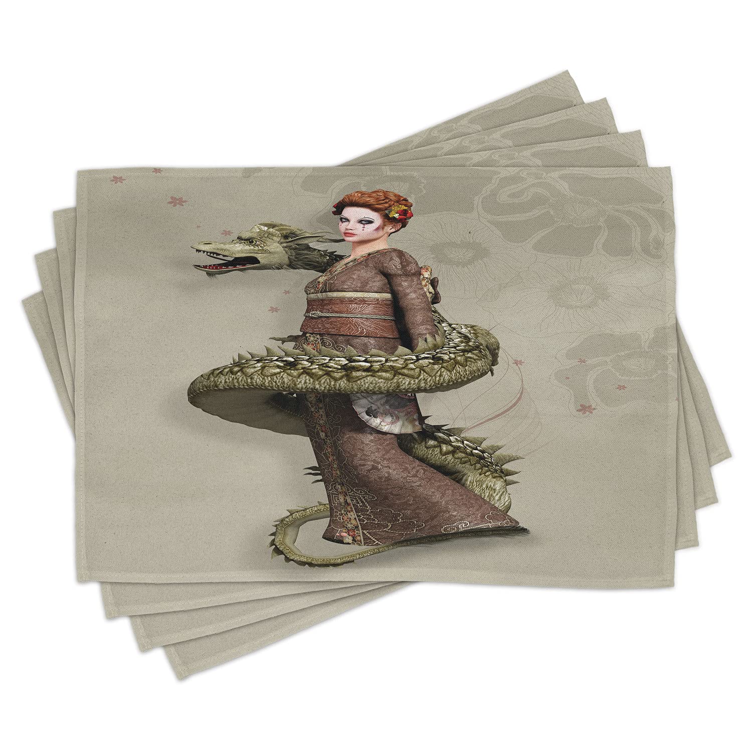 Ambesonne Fantasy Place Mats Set of 4 - Japanese Geisha with Dragon Design, Washable Fabric Table Mats for Dining Room & Kitchen Decor in Eggshell, Olive Green & Brown | Perfect for Asian-Themed Dinners & Home Decor