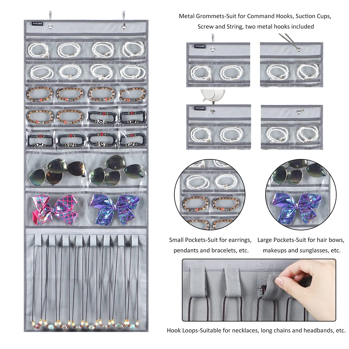 Over The Door Hanging Jewelry Organizer - Wall Mounted Earring Holder with 24 Clear Pockets & 8 Hook Loops for Necklace, Bracelet, Ring Storage - Perfect for Bedroom, Closet & Travel Organization (Grey)