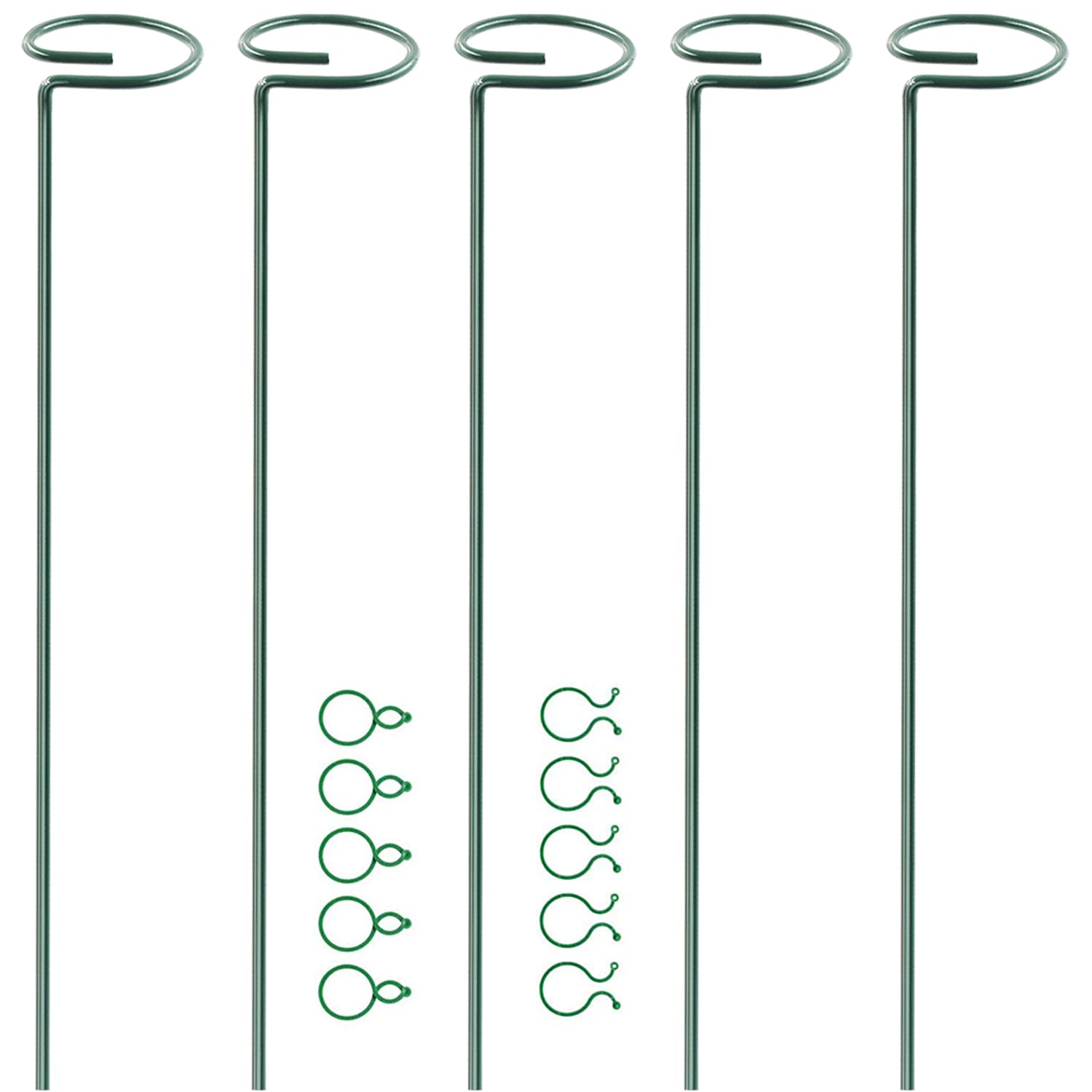 HiGift 5 Pack 17 Inch Garden Stakes - 4mm Thick Plant Support Stakes with 10 Clips for Tomato, Orchid, Lily, Peony & Rose Flowers | Sturdy Single Stem Support for Amaryllis & Other Blooming Plants | Perfect for Outdoor Gardens, Greenhouses & Indoor Potted Plants
