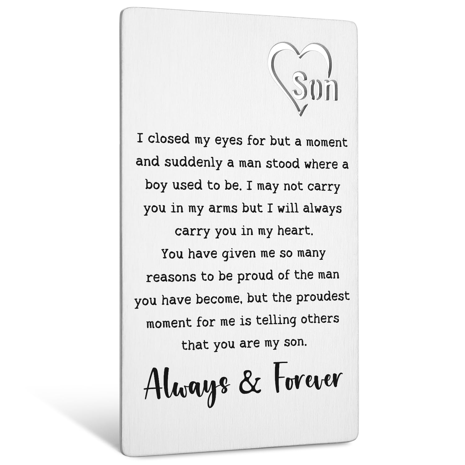 TRCENDE Personalized Metal Card for Son - Engraved Gift from Mom and Dad - Perfect for Graduation, Birthday, Christmas & Deployment - Heartfelt Keepsake for College, Military & Special Occasions