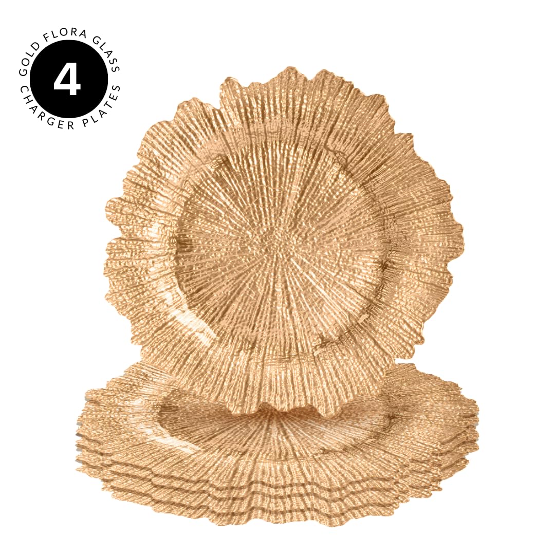 Koyal Wholesale Bulk Gold Starburst Glass Charger Plates - Set of 4 for Wedding, Party, and Holiday Table Decor