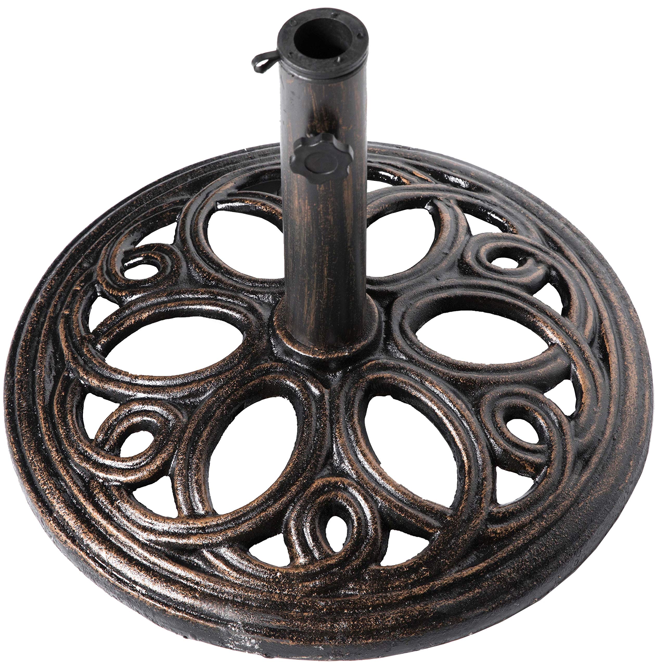 Gardenised QI003817 Heavy Duty 24 lbs Cast Iron Patio Umbrella Base - Round Bronze Outdoor Weighted Stand for Market Umbrellas | Perfect for Poolside, Garden, Deck, and Patio Furniture Stability