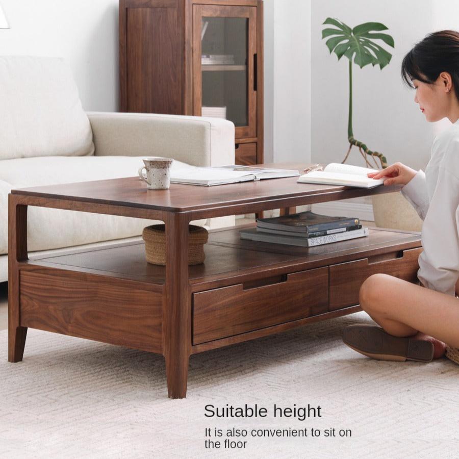 Solid Black Walnut Wood Coffee Table with 4 Drawers - Rustic Modern Living Room Furniture for Home Decor