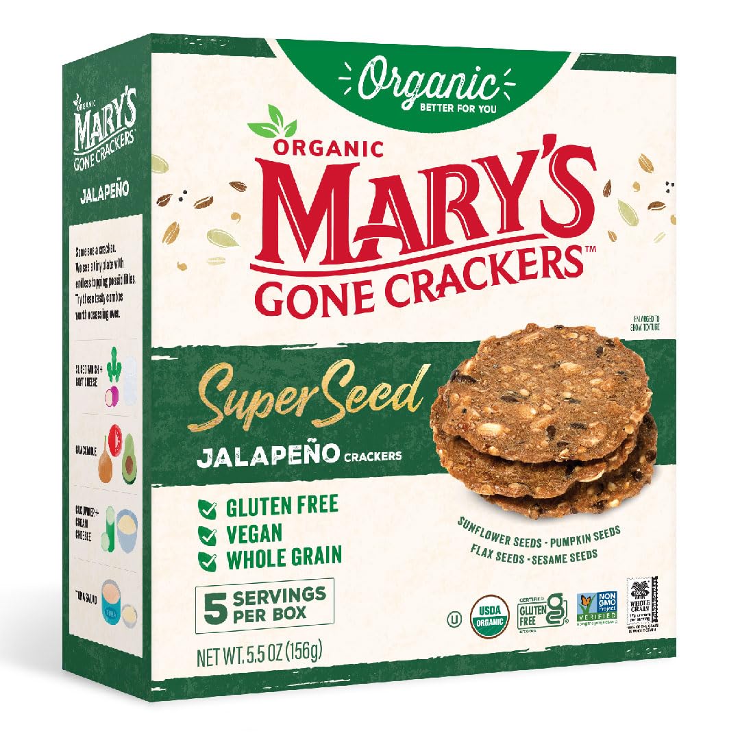 Mary's Gone Crackers Organic Super Seed Crackers, Jalapeno Flavor - Gluten-Free, Non-GMO, Vegan, Whole Grain Snacks, 5.5oz (Pack of 1) | Perfect for Healthy Snacking, Parties & On-the-Go Nutrition