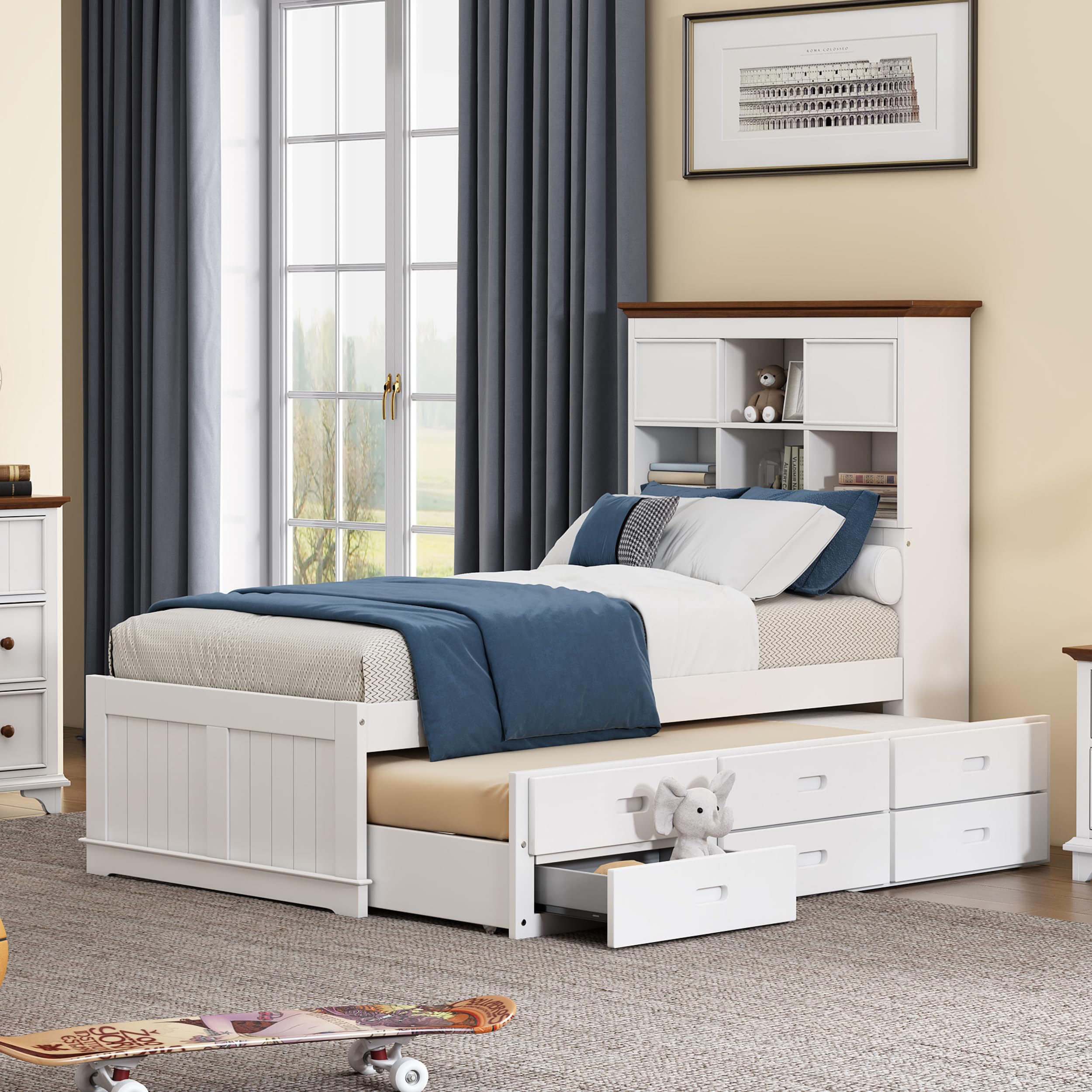 Modern Farmhouse Wood Bedroom Set - White & Walnut Twin Captain Bed with Trundle, Nightstand & 6-Drawer Dresser | Space-Saving Storage Solution for Small Bedrooms & Guest Rooms