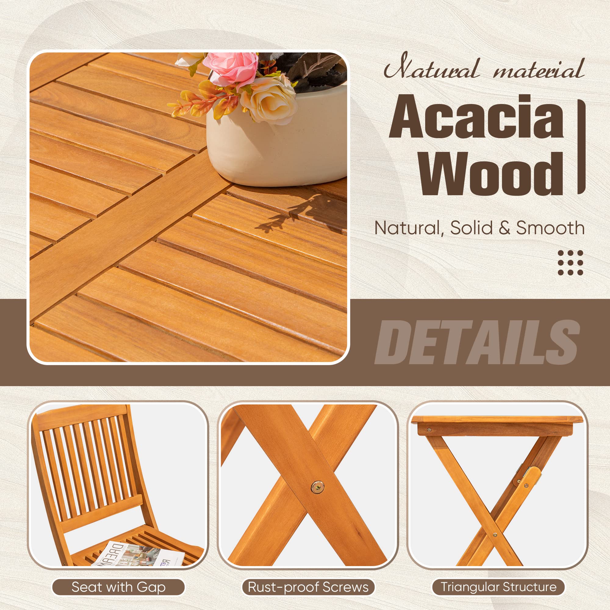 Flamaker 3-Piece Acacia Wood Folding Bistro Set - Outdoor Square Table and Chairs for Patio, Balcony, Porch, Lawn & Backyard - Natural Wood Garden Furniture for Dining, Relaxing & Entertaining Guests