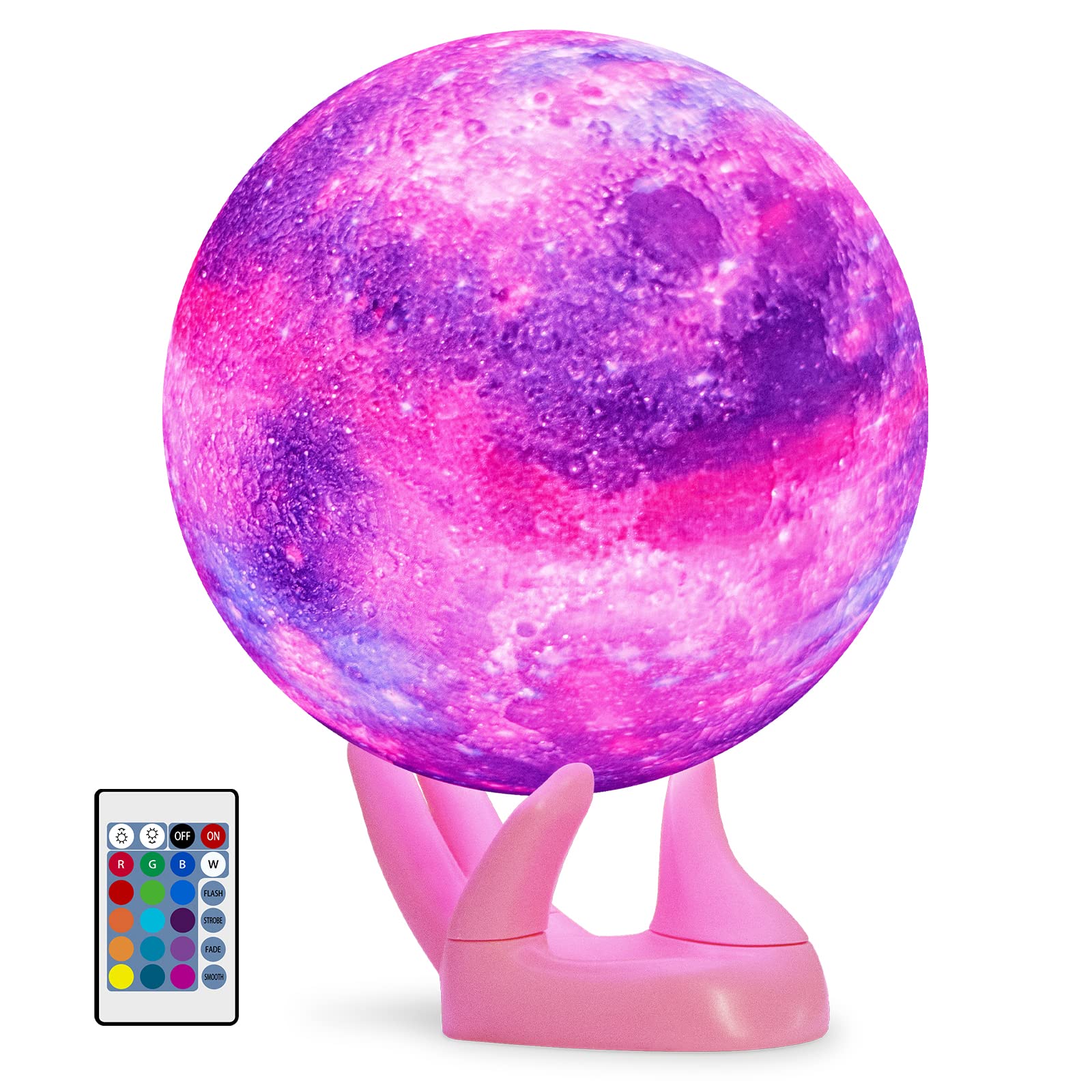 3D Printing Galaxy Moon Lamp - 4.7inch Moon Light with 16 Colors, Remote & Touch Control Dimmable Night Light | Perfect Birthday Gift for Teen Girls, Women, Friends & Lovers (Pink Hand Base) | Ideal for Bedroom Decor, Kids' Night Light & Romantic Gifts