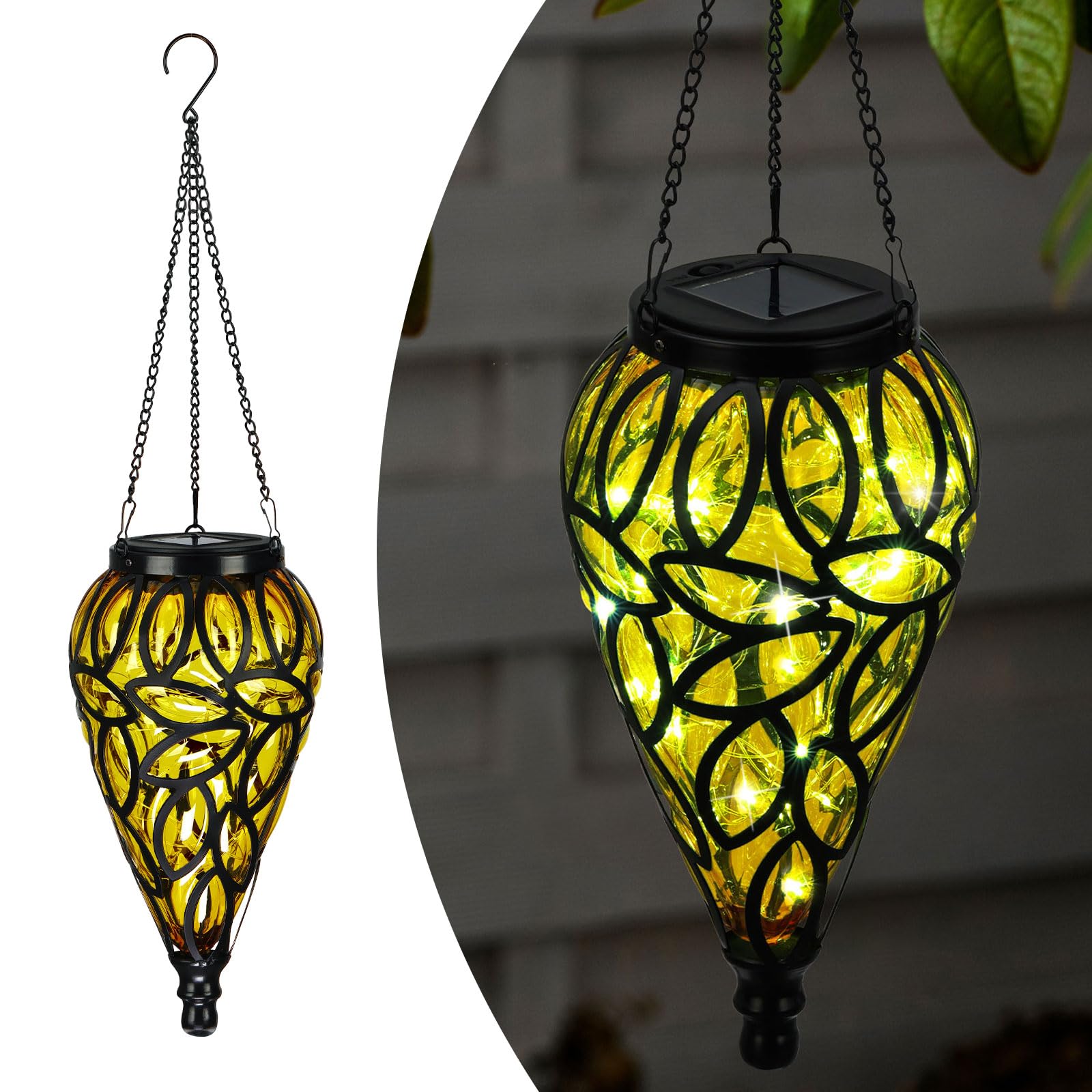 Solar Hanging Lantern Outdoor Lights - 15 LED Cool White Tear-Shaped Garden Decor with S Hooks | Perfect for Yard, Pathway, Front Door & Landscape Lighting | Ideal for Patio, Wedding, Party & Holiday Decorations