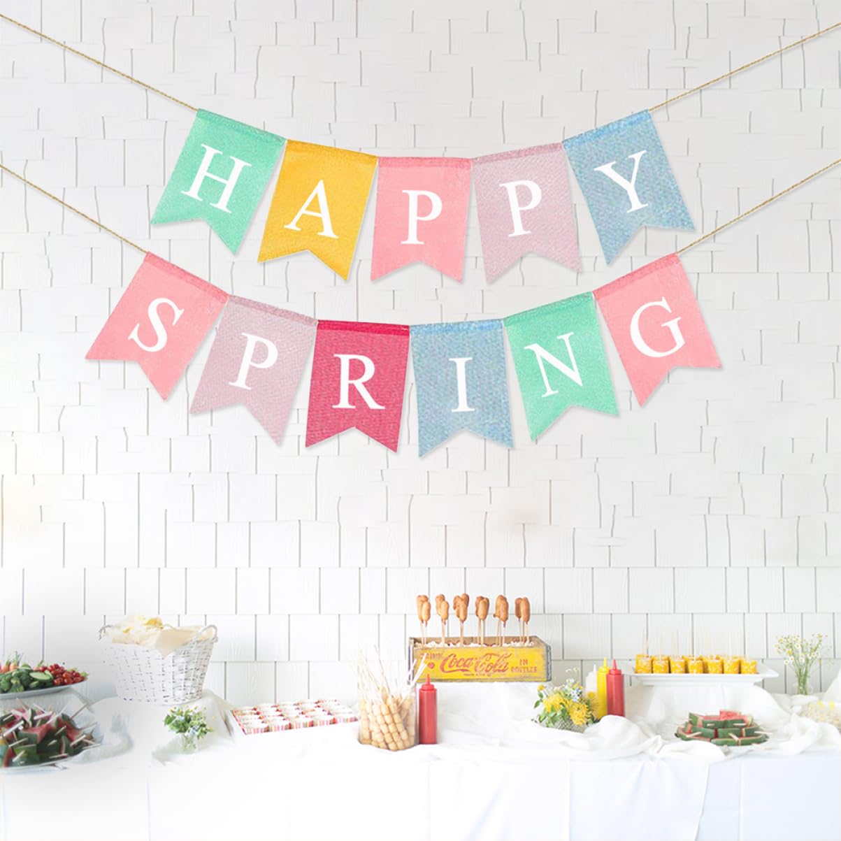 Happy Spring Burlap Pull Flag Banner - European & American Style Rustic Decor for Easter, Garden Party, and Seasonal Home Decoration