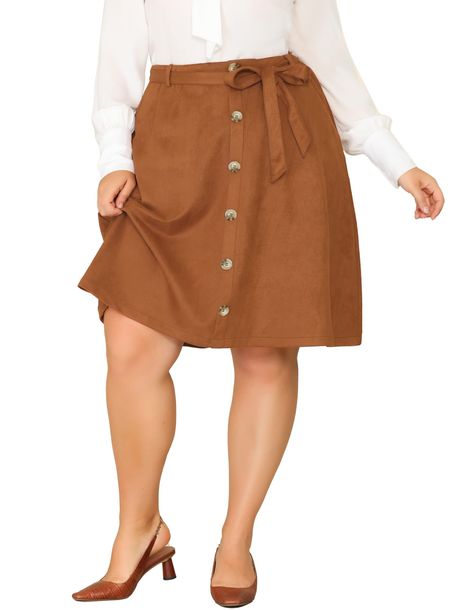 Agnes Orinda Women's Plus Size Faux Suede A-Line Midi Skirt with Elastic Waist - Stretchy Comfort Fit for Work, Party & Halloween Outfits