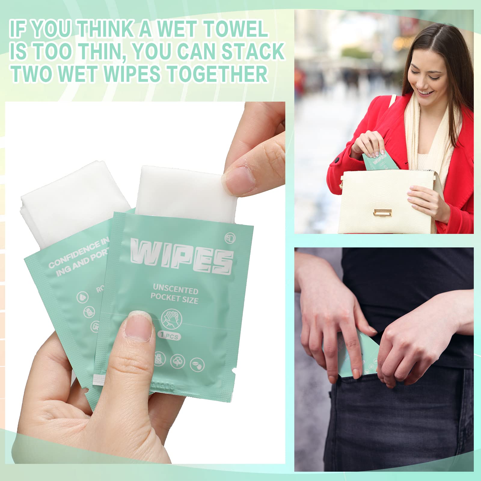 Lounsweer 500 Count Unscented Flushable Wet Wipes - Individually Wrapped Travel Size Cleansing Wipes for Adults | Gentle Hand & Body Cleaning | Perfect for Travel, Home, Office & On-The-Go Use (Light Green)
