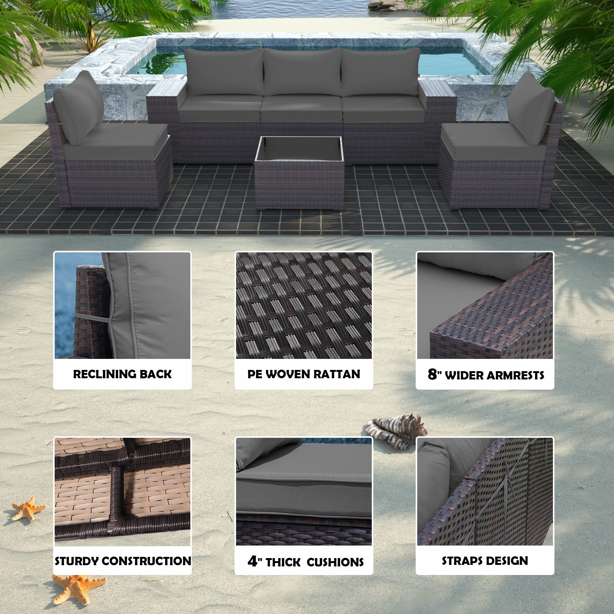 Gotland 6-Piece Patio Furniture Set - All-Weather PE Rattan Outdoor Sectional Sofa with Replaceable Grey Waterproof Cushions & Coffee Table - Perfect for Backyard, Garden, Poolside & Outdoor Relaxation