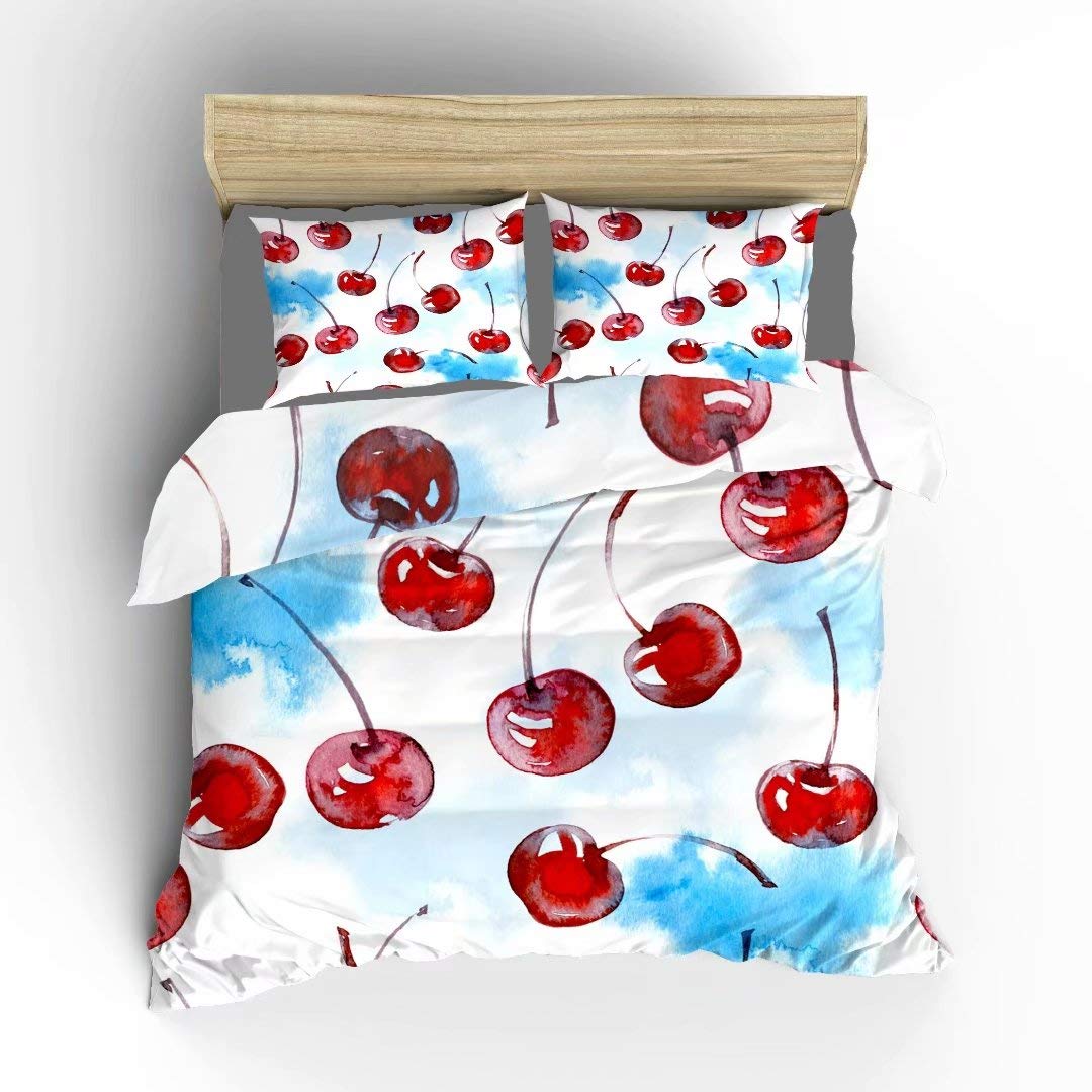 Double-Sided Watercolor Ripe Cherries Duvet Cover King Size - 3 Piece Soft Microfiber Polyester Bedding Set with 2 Pillowcases - Elegant Home Decor for Master Bedroom, Guest Room & Dorm