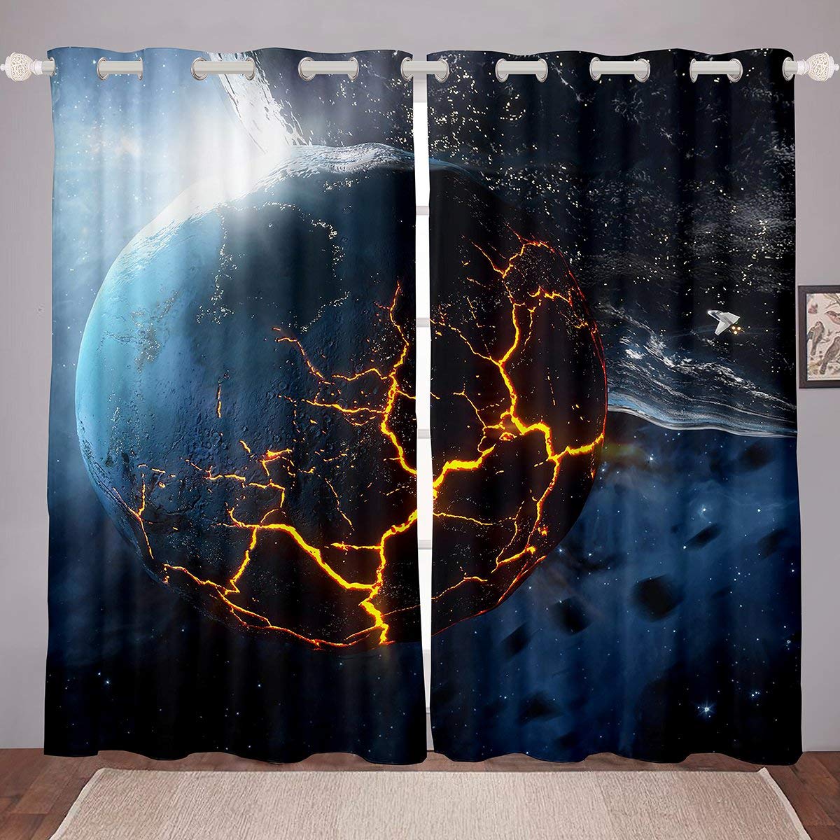 Galaxy Window Curtains - Outer Space Themed Blackout Drapes for Bedroom & Living Room | Starry Sky Universe Design with Nebula Gradient in Teal Blue & Gold | 42x63 Inch 2 Panels | Perfect for Kids Room, Nursery, or Space-Themed Decor