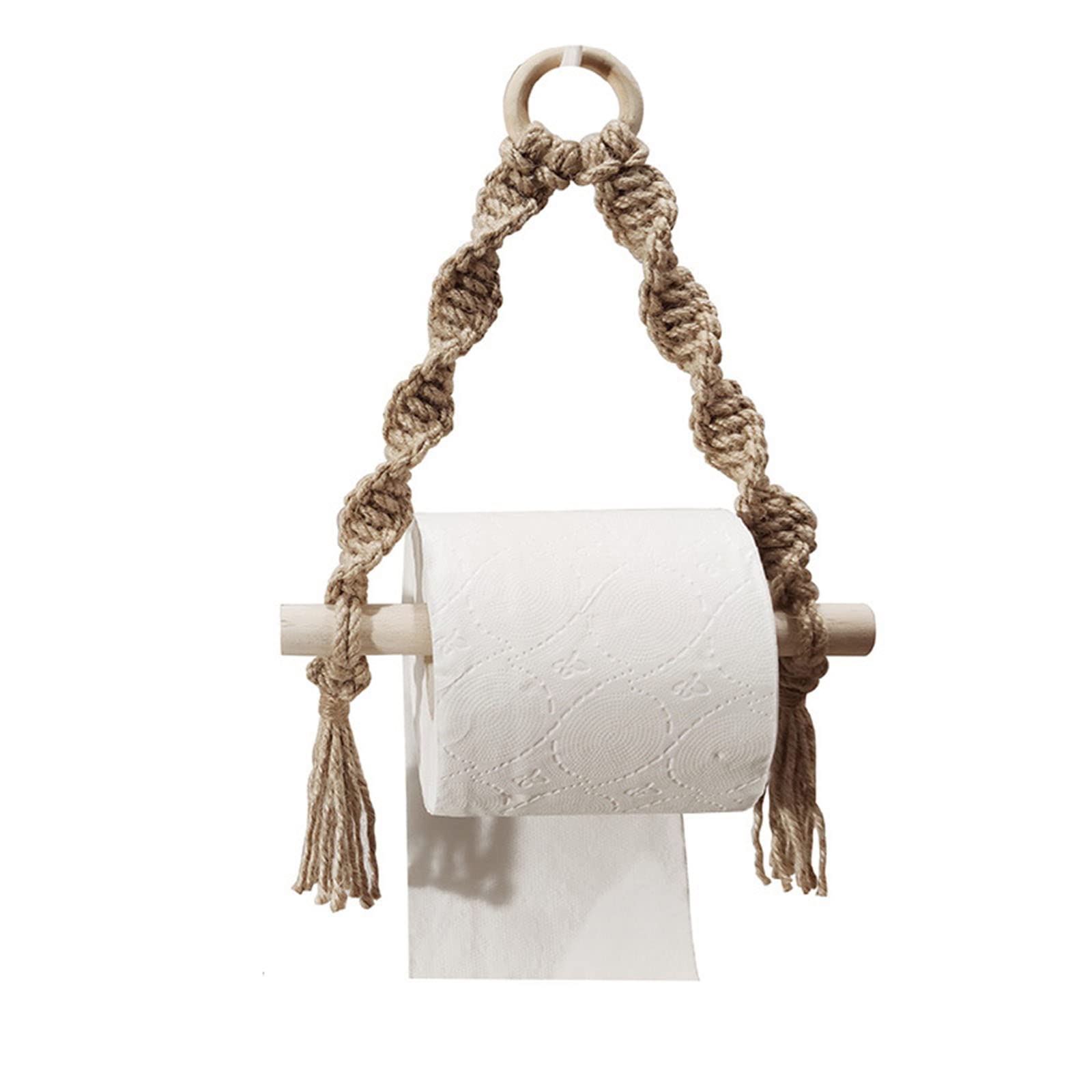 Vintage Wooden Wall Mounted Toilet Paper Holder with Hemp Rope - Rustic Bathroom Tissue Roll Stand for Home Decor - Perfect for Farmhouse, Cottage & Boho Style Bathrooms