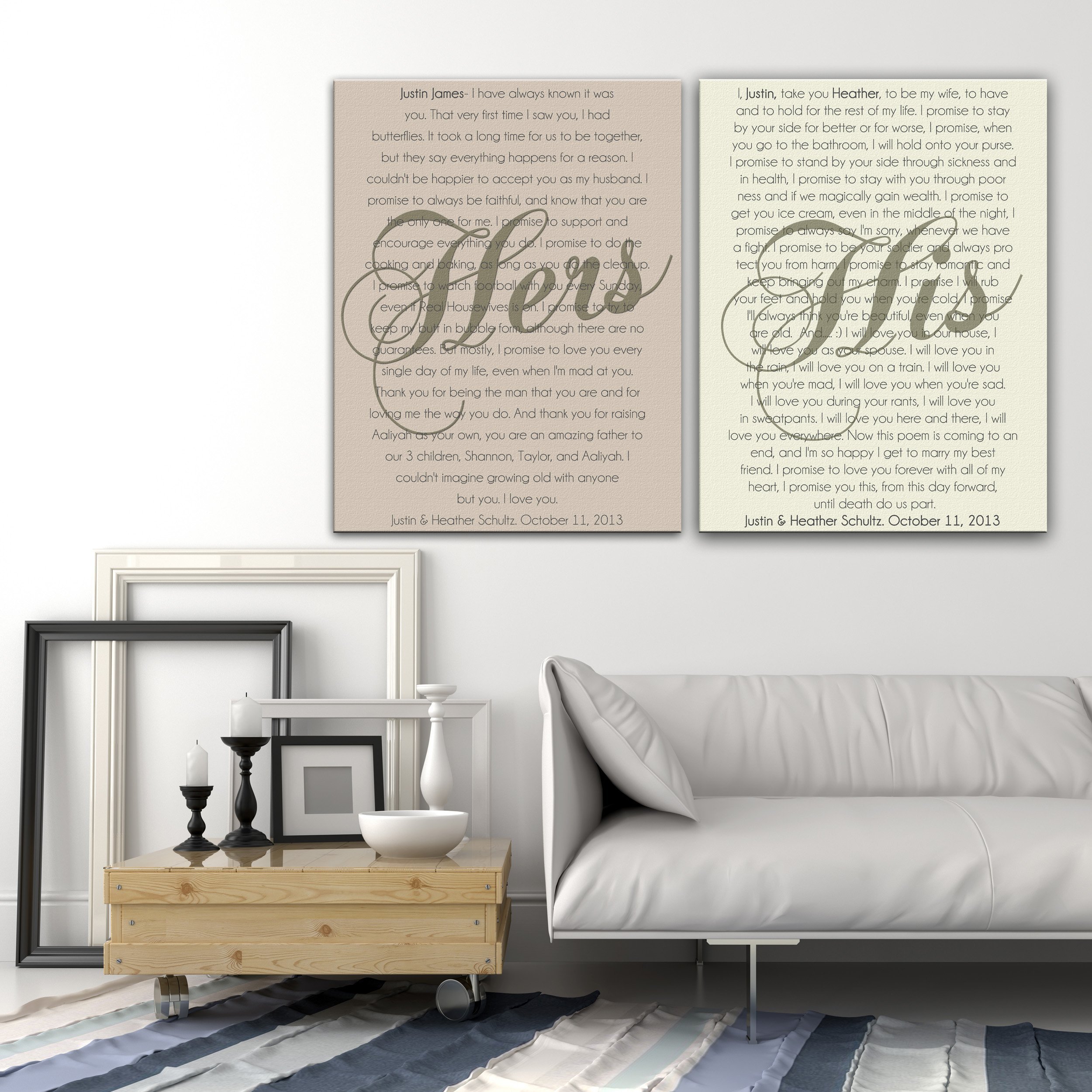 Set of 2 Framed Cotton Canvas Wedding Vows - Anniversary Gift with Lyrics & Text - Perfect for Home Decor, Wedding Photo Display & Romantic Wall Art - Ideal for Couples' Bedroom or Living Room