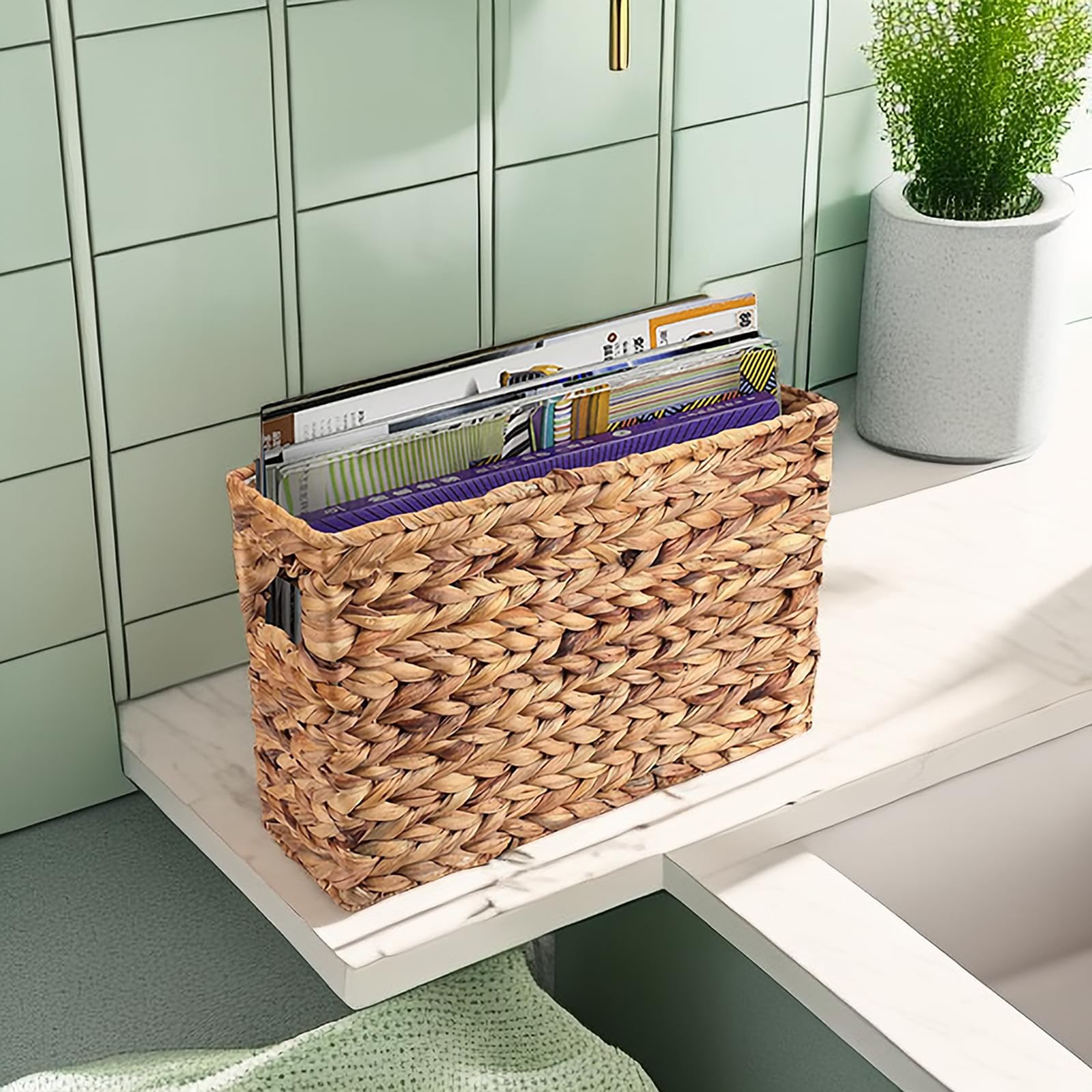 Yesland Hand-Woven Natural Water Hyacinth Magazine Basket - 15.5 x 5.5 x 9.75 Inch Narrow Wicker Storage Bin for Home Office Desk - Perfect for Organizing Magazines, Books & Office Supplies in Living Room or Workspace