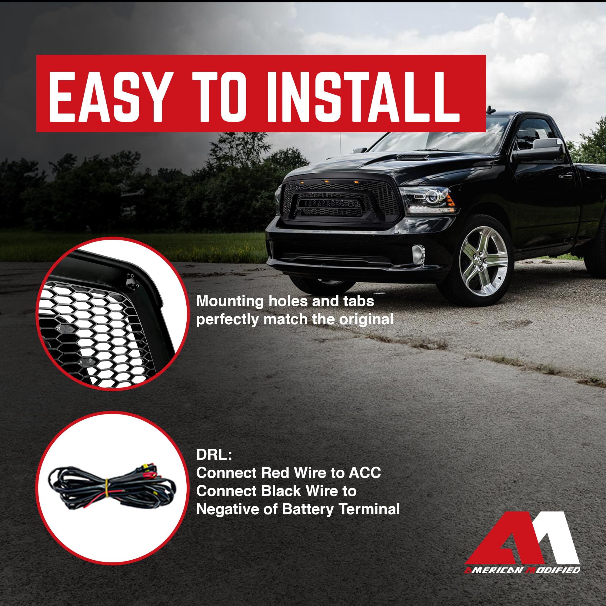 2013-2018 Dodge Ram 1500 Replacement Front Grille with Amber Lights - Matte Black AMERICAN MODIFIED Grill for Off-Road & Truck Customization