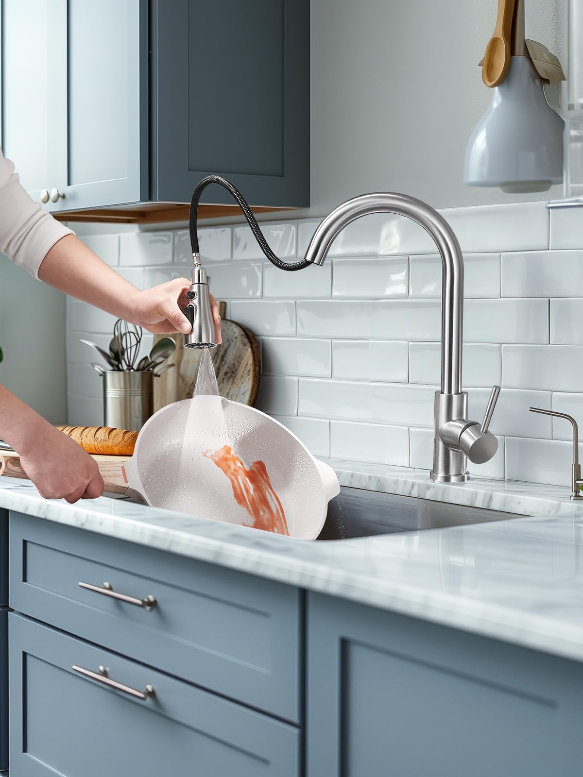 Cobbe Kitchen Faucet Head Replacement - 3 Function Pull Down Spray Head for Kitchen Sink Faucet with 12 Adapters, Brushed Nickel (Fits American Standard) - Perfect for Dishwashing, Food Prep & Deep Cleaning