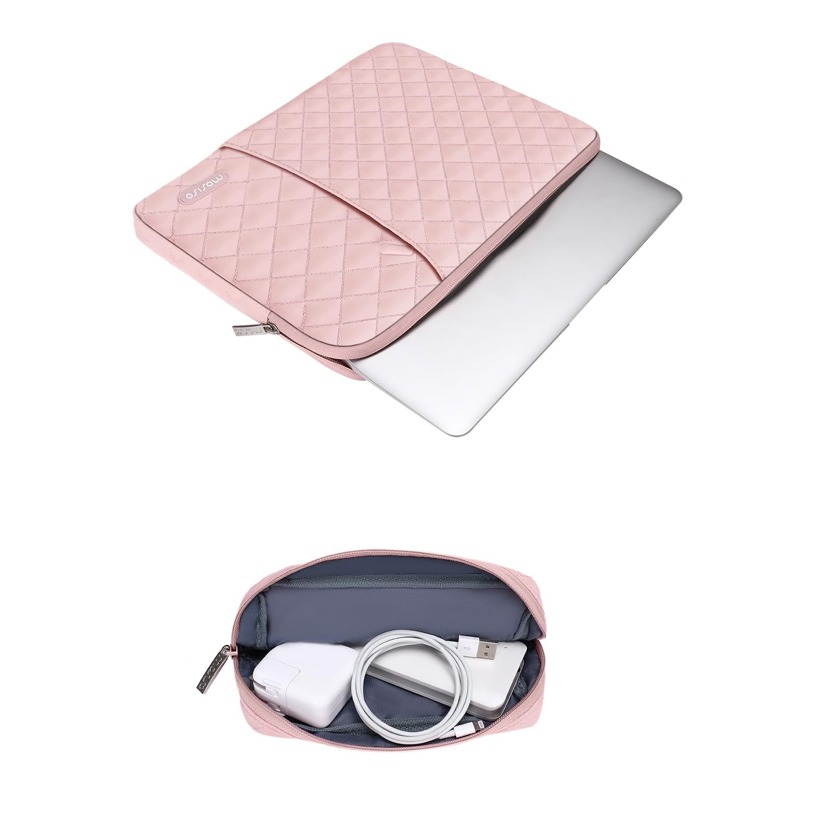 MOSISO 15 Inch Laptop Sleeve Bag for MacBook Air M4/M3/M2 (2023-2025), Dell XPS Plus - Quilted Vertical Computer Case with Pocket & Small Accessory Pouch in Chalk Pink | Perfect for Work, School & Travel Protection