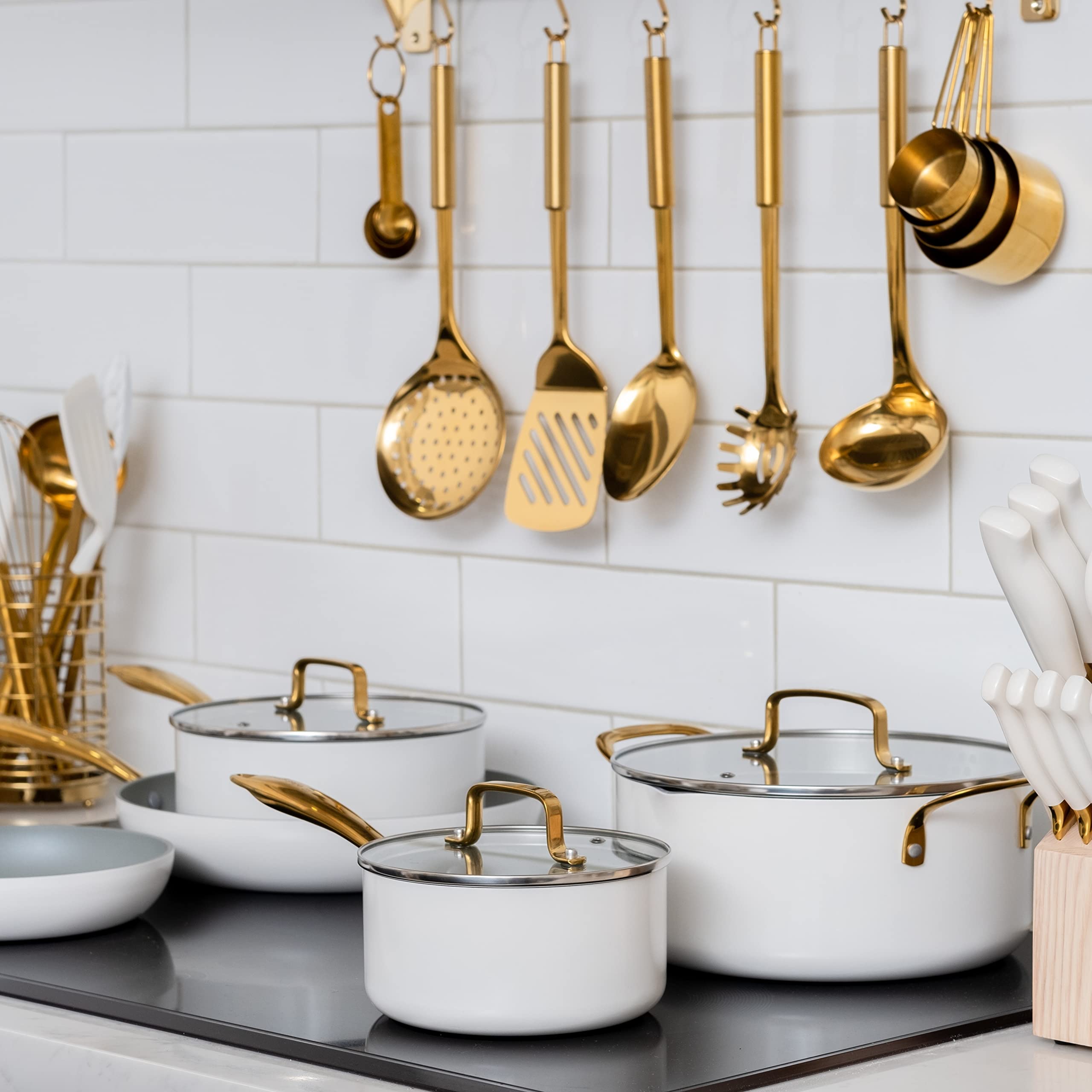 Premium 28-Piece White & Gold Nonstick Cookware Set with Stainless Steel Utensils & Measuring Cups - Perfect for Home Cooking, Baking, and Gourmet Meal Preparation
