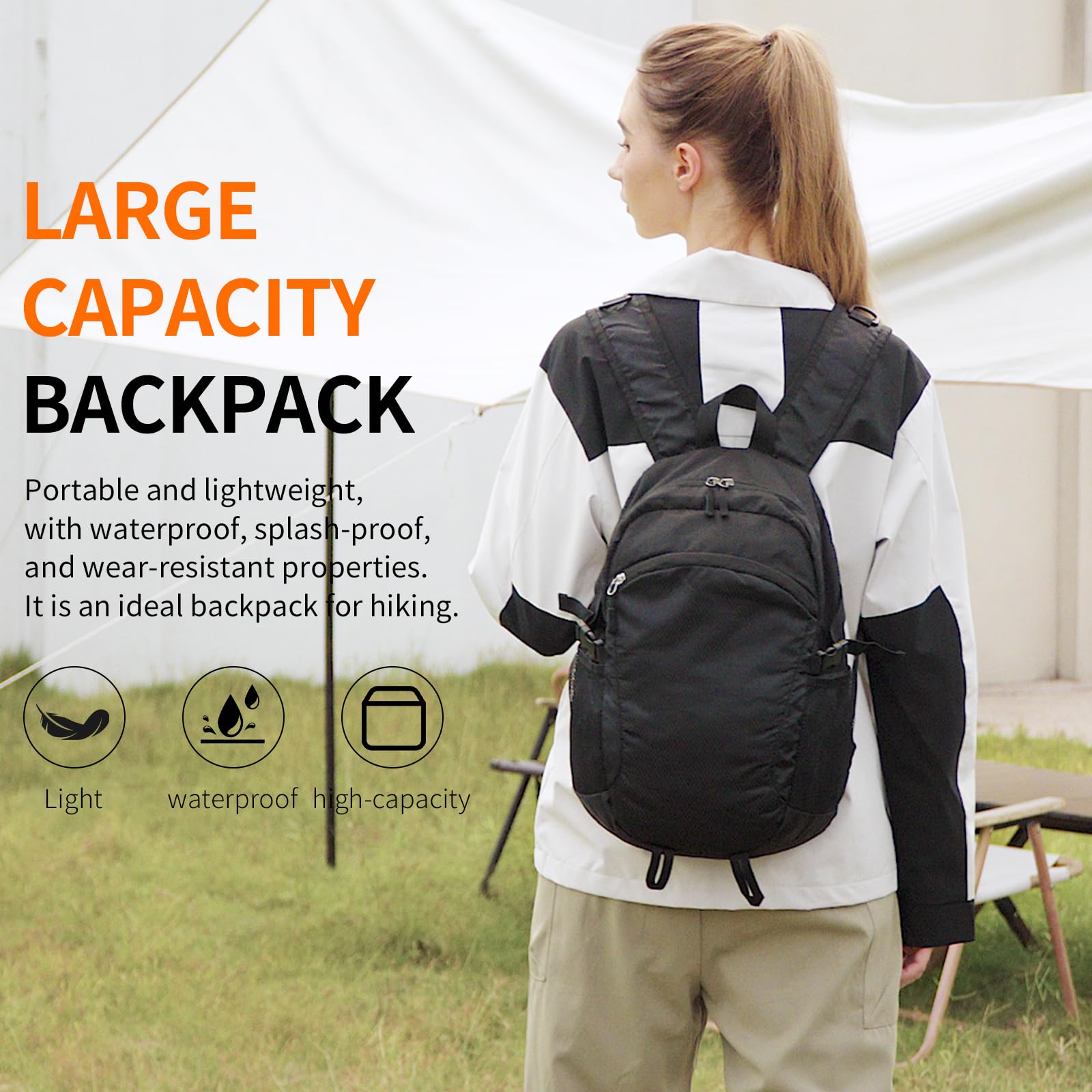 Lightweight Hiking Backpack Small - Waterproof & Foldable Daypack for Travel & Outdoor Adventures - Ultralight Compact Backpack for Hiking, Camping & Daily Use (Black)
