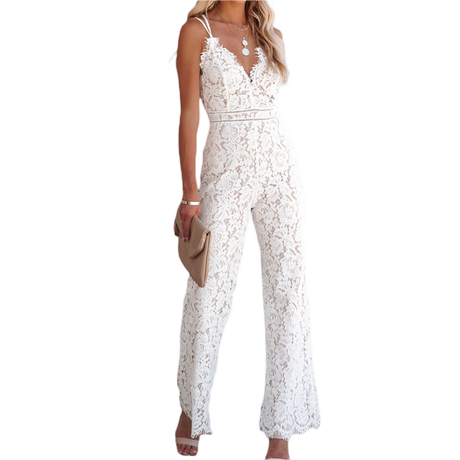 Elegant Women's Lace Jumpsuit with Deep V Neck & Spaghetti Straps - Backless Wide Leg Romper for Summer Parties & Beach Vacations