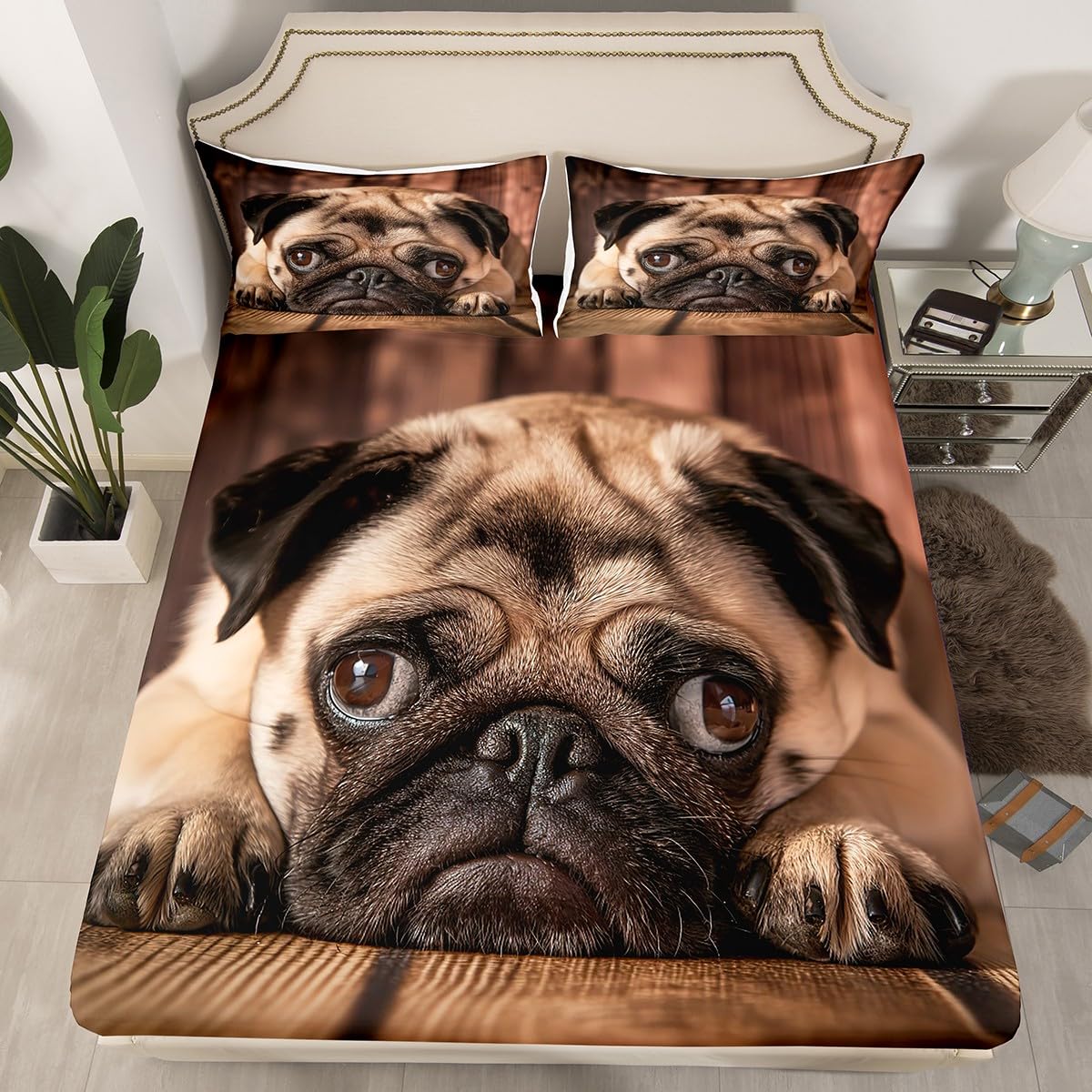 Erosebridal Cute Pug Print 3D Dog Bed Sheet Set - Queen Size Soft Fitted & Flat Sheets for Pet Lovers | Perfect for Dog-Themed Bedroom Decor & Cozy Pet-Friendly Home