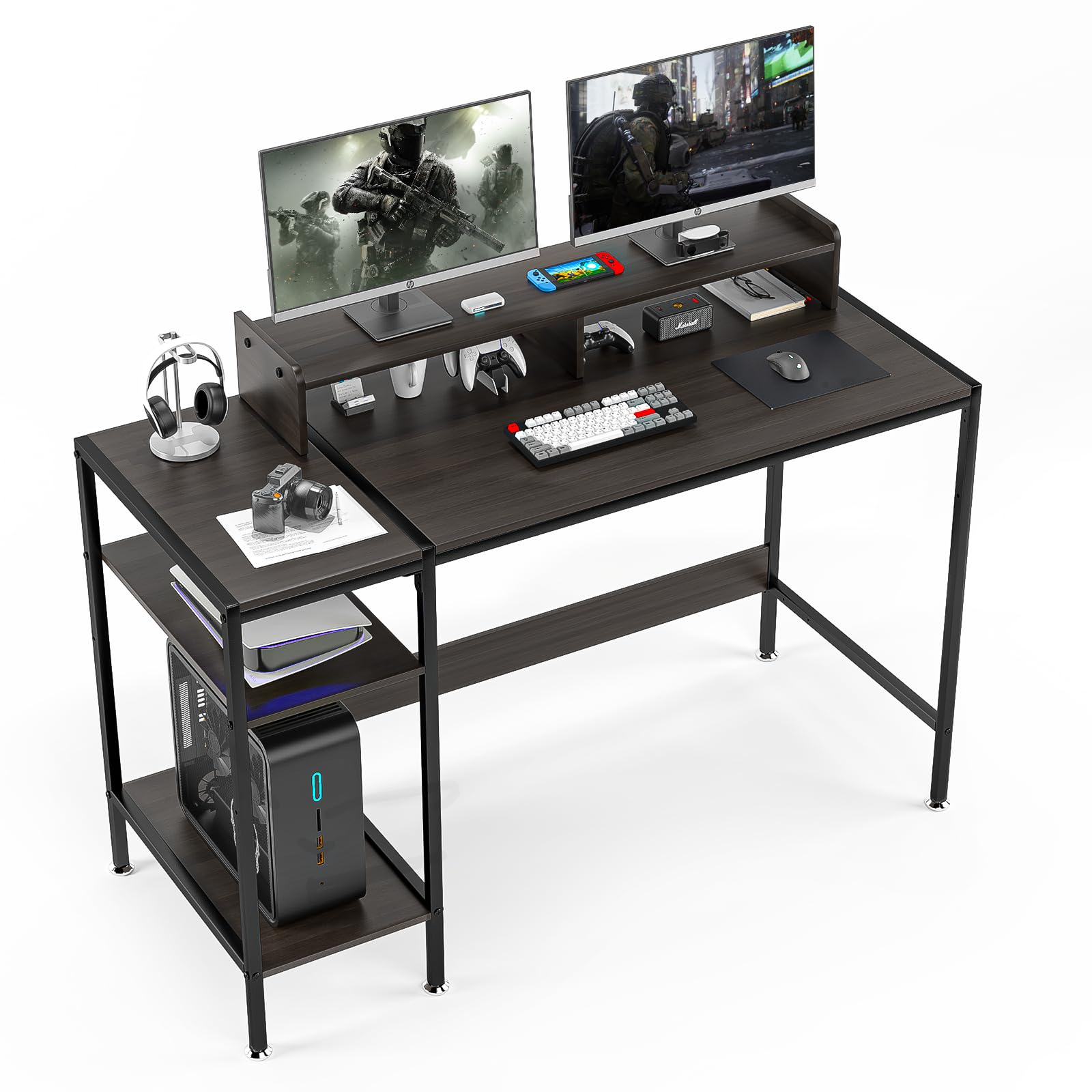 47-inch Black Modern Gaming Desk with Monitor Stand - Adjustable Home Office Computer Desk for Dual Monitors, Sturdy Writing Desk with Storage Space - Perfect for Small Spaces, Gaming Setups & Remote Work