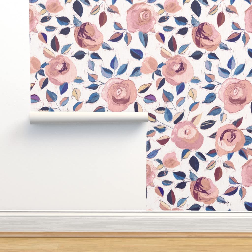 Premium Commercial Grade Wallpaper - 27ft x 2ft Rose Pink & Blue Retro Blush Traditional Peel & Stick Wallpaper for Living Room, Bedroom, Office Decor by Spoonflower