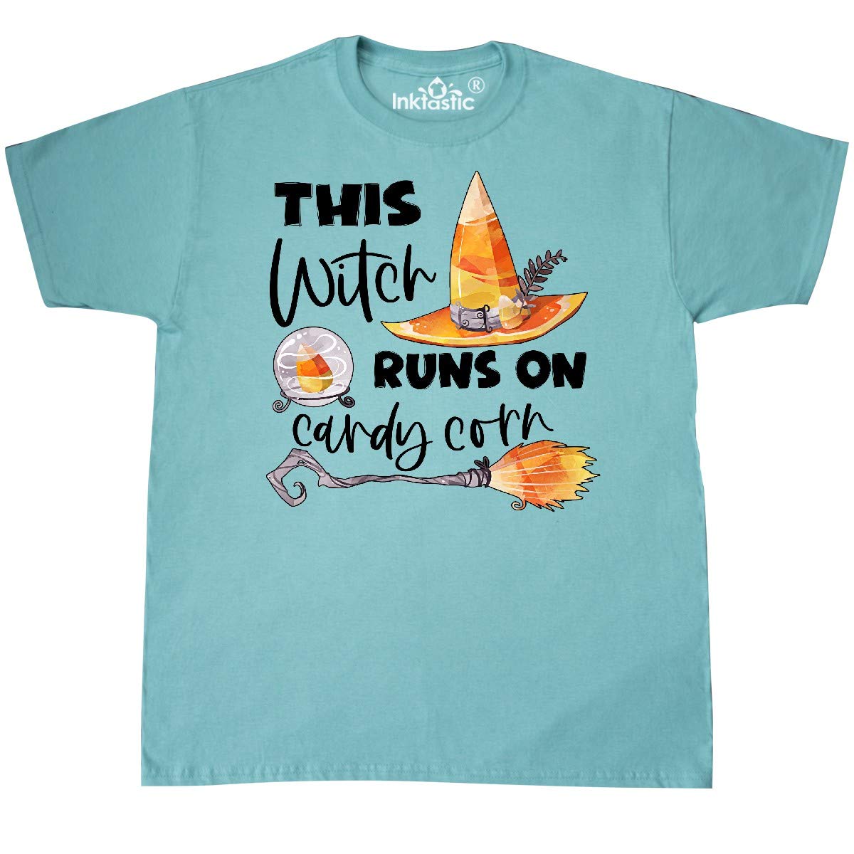 Inktastic Halloween Witch Candy Corn Hat & Broom T-Shirt - Fun Costume Apparel for Trick or Treating & Spooky Parties