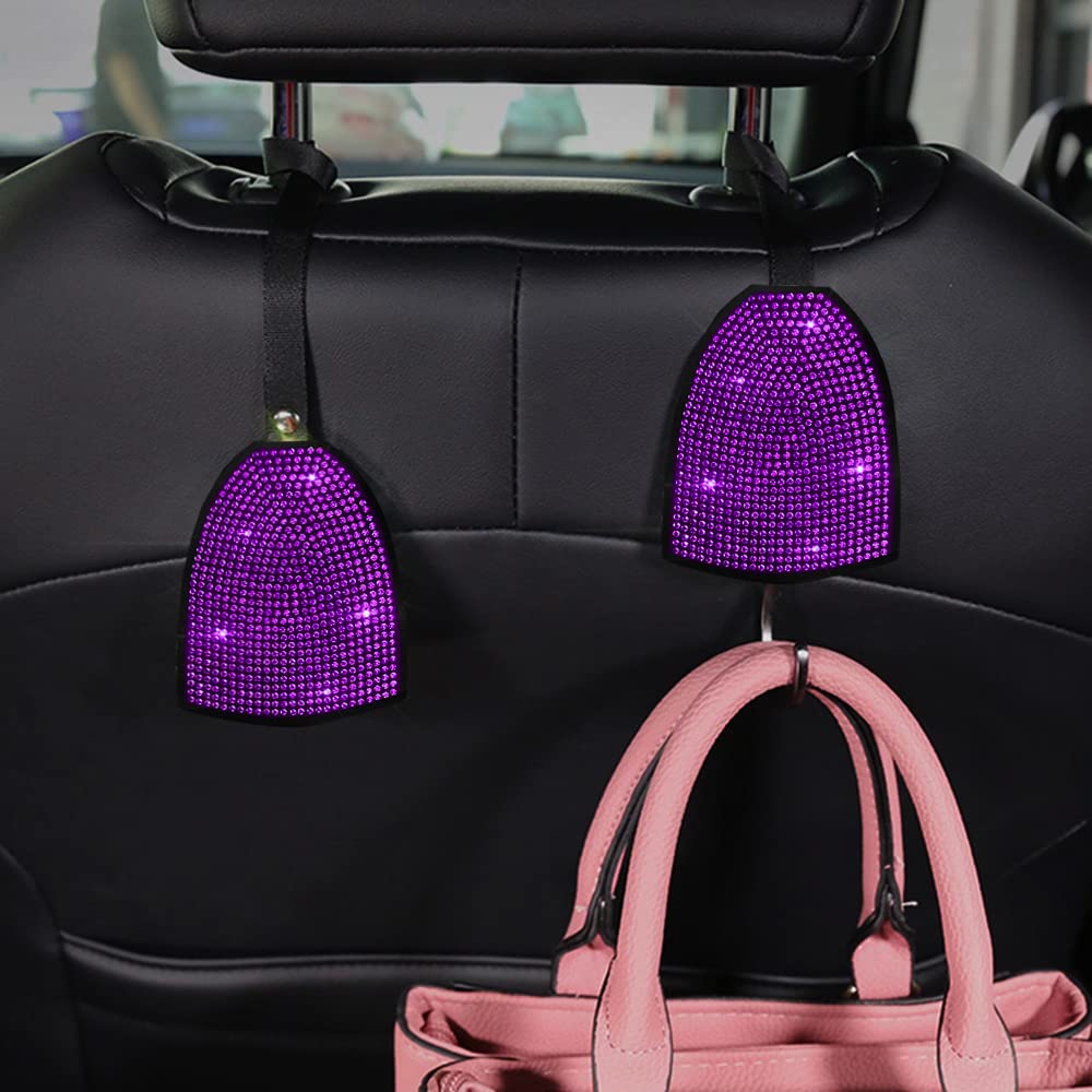 2-Pack Shining Bling Crystal Car Headrest Hooks - Universal Hidden Backseat Hangers with Diamond Decor for Women | Perfect for Purses, Shopping Bags & Organizing Small Items While Driving