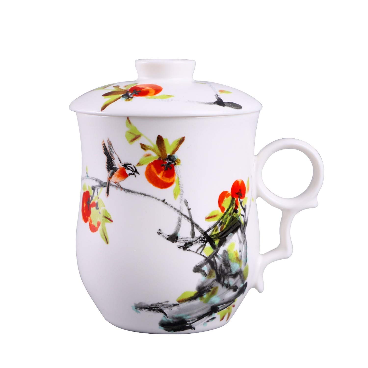 Premium Ceramic Tea Mug with Lid & Anti-Scald Handle - Porcelain Coffee Cup for Tea, Milk Tea & Hot Drinks - Perfect Gift for Tea Lovers (Persimmon Color) - Ideal for Home, Office & Cafe Use