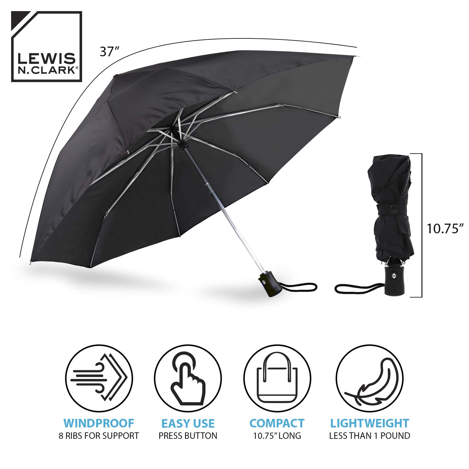 Lewis N. Clark Windproof Travel Umbrella - Compact Automatic Open/Close, Water Repellent Fabric, 1 Year Warranty (Purple) - Perfect for Business Trips, Commuting & Outdoor Adventures