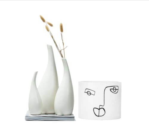 4-Piece Ceramic Planter and Vase Set - White Modern Bud Vase & Face Planter Pots (3