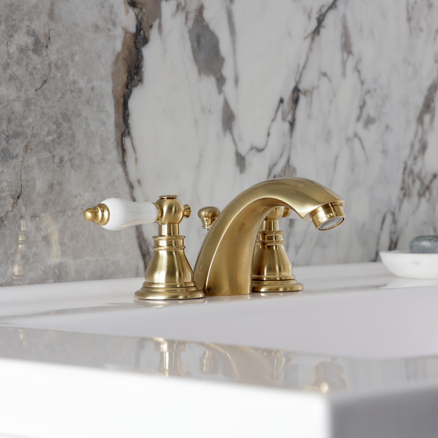 American Patriot KB957APLSB Brushed Brass Two-Handle 3-Hole Mini Widespread Bathroom Faucet with Pop-Up Drain - Perfect for Modern Bathroom Vanities and Powder Rooms